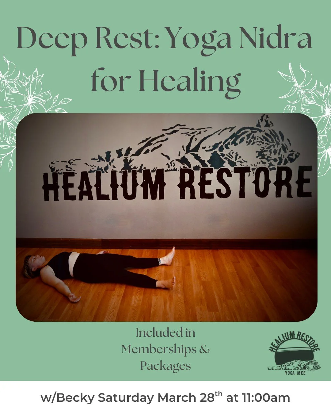 Deep Rest Yoga Nidra
For Healing

Join Becky on Saturday March 28th from 11:00am-12:00pm at Healium Restore for Deep Rest Yoga Nidra for Healing.

We will consider the effects of societal pressures and family influence on our attitudes towards rest, 