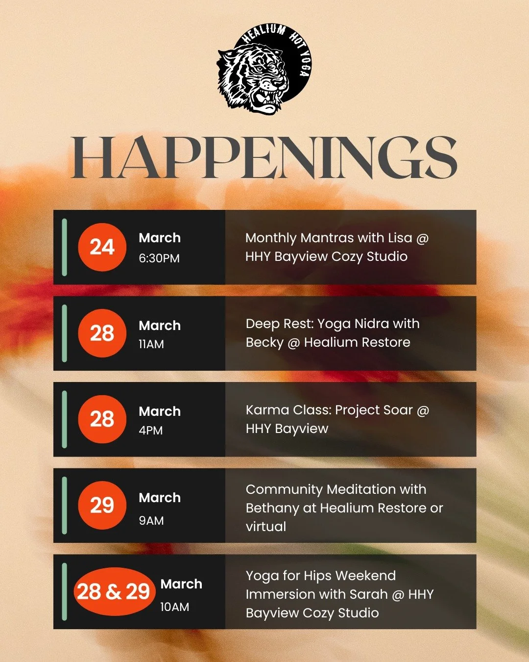 Lots happening this week at Healium from relaxation to education. 

Drop in to something more mellow like monthly mantras with Lisa, Yoga Nidra with Becky or Meditation with Bethany. 

Show your support by attending a Karma Class benefiting Project S