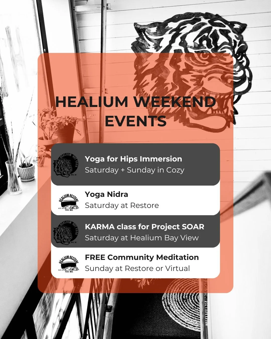 This weekend at Healium!

⭐️Yoga for Hips Immersion
Saturday + Sunday in the Cozy Studio
CEU&rsquo;s available

⭐️Yoga Nidra 
Saturday morning at Healium Restore
Included in packages &amp; memberships

⭐️Karma Class for Project Soar
Saturday afternoo