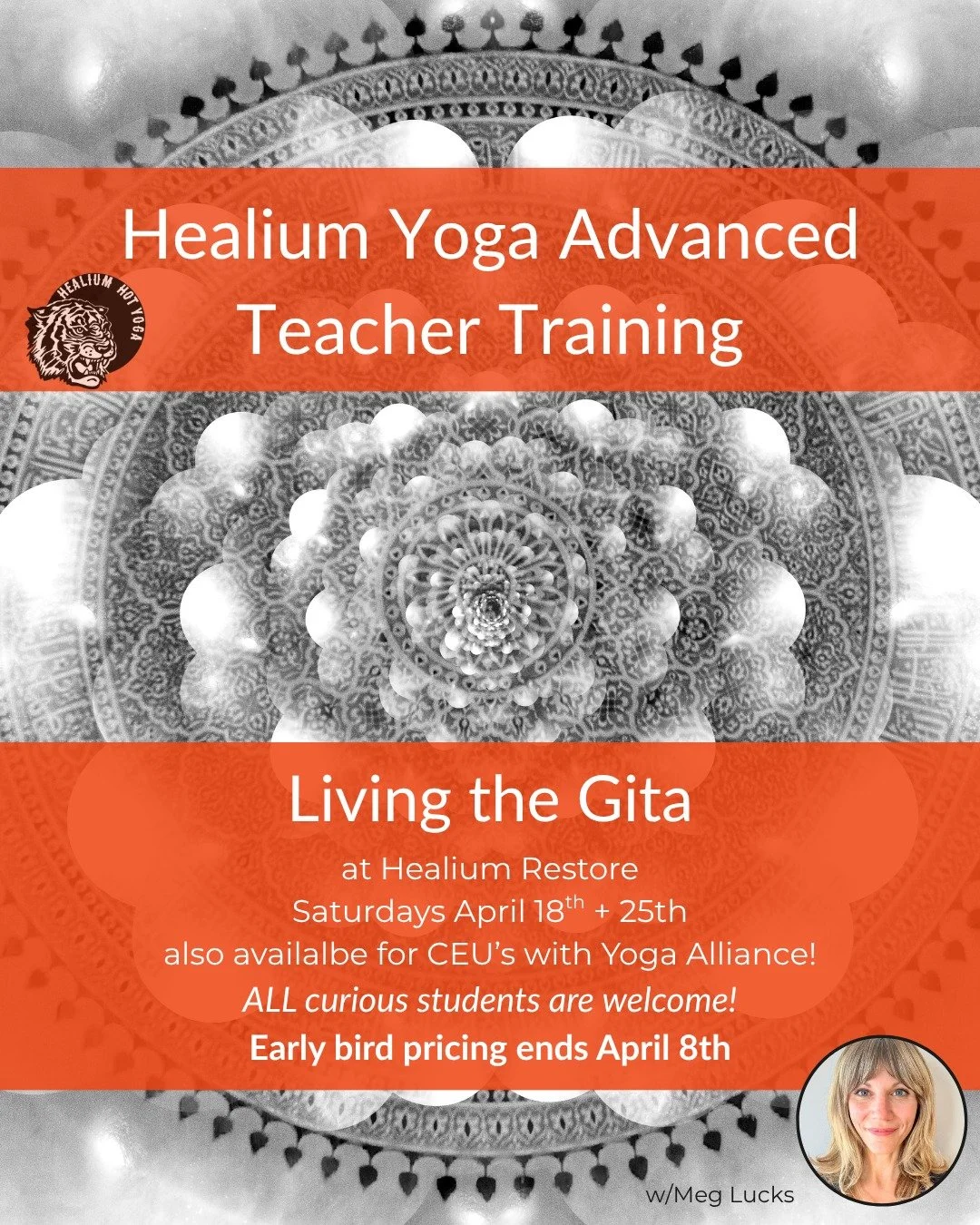 Living the Gita
early bird pricing ends April 8th

Join Meg Lucks, eRYT 500, for a 2 day event, Living the Gita, happening Saturdays April 18th and April 25th from 9:00am-5:00pm. Attendance at BOTH days is required in order to receive credit.

This c