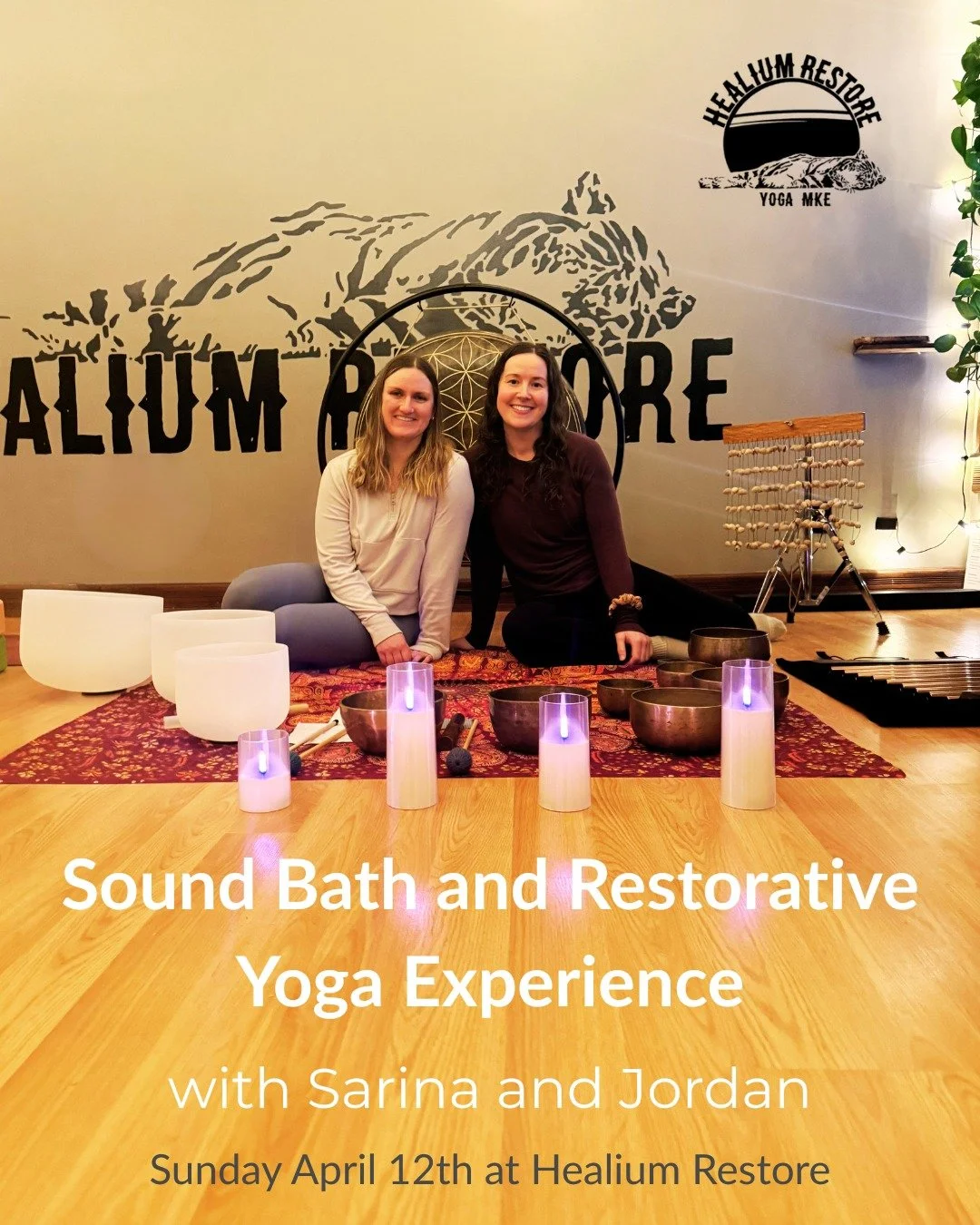 Sound Bath and Restorative Yoga Experience
at Healium Restore

Sarina and Jordan invite you to surrender into an afternoon of Restorative Yoga + Sound Bath on Sunday April 12th from 3:00-4:30pm, at Healium Restore. Each wonderfully supported restorat