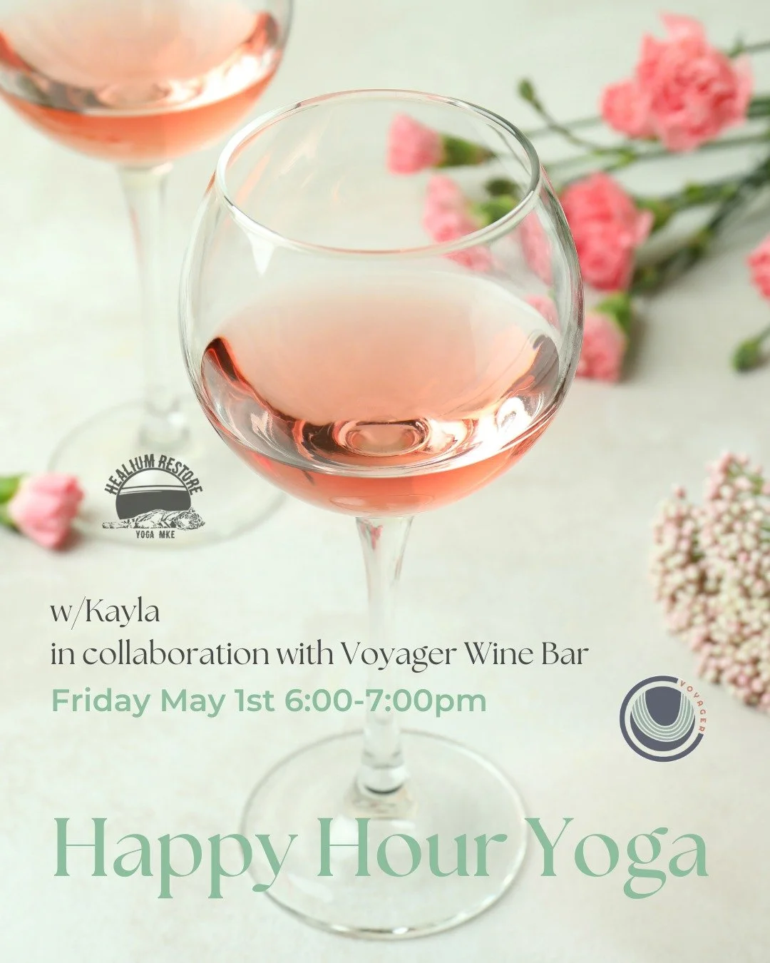Happy Hour Yoga
in collaboration with Voyager

Join Kayla for Happy Hour Yoga at Healium Restore and wine at Voyager on Friday May 1st from 6:00-7:00 pm! 

Truly the best way to end your week: moving your body and enjoying a glass of wine with fellow