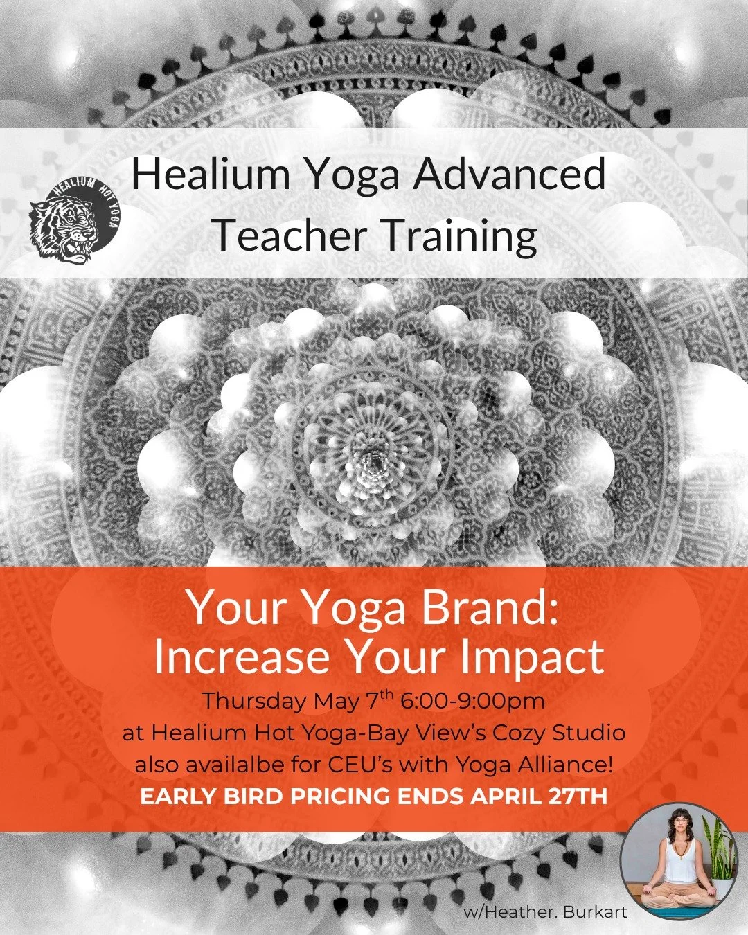 Your Yoga Brand: Increase Your Impact
Early bird pricing ends today!

Join Heather Burkart, eRYT 500, on Thursday May 7th from 6:00-9:00pm at Healium Hot Yoga-Bay View&rsquo;s Cozy Studio for Your Yoga Brand: Increase Your Impact. Broaden your reach 