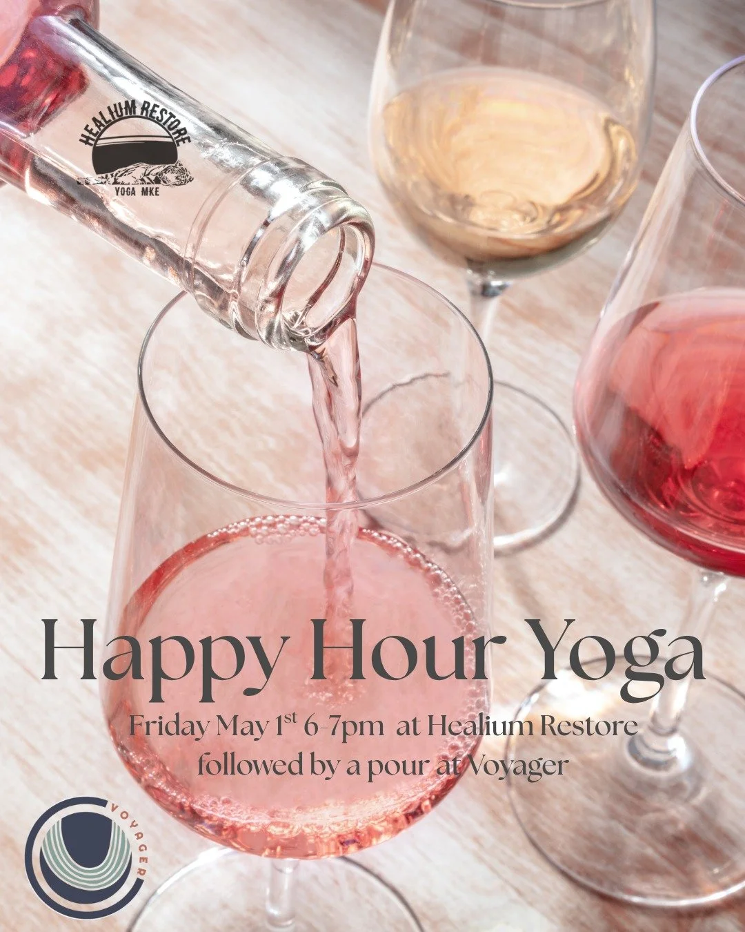 Happy Hour Yoga
in collaboration with Voyager

Join Kayla for Happy Hour Yoga at Healium Restore and wine at Voyager on Friday May 1st from 6:00-7:00 pm! 

Truly the best way to end your week: moving your body and enjoying a glass of wine with fellow