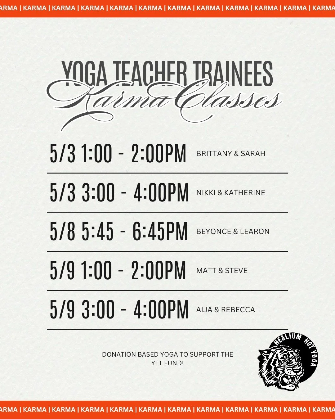 ✨ Karma Classes are here ✨

Our YTT trainees are stepping into the teacher seat&mdash;and you&rsquo;re invited to support them 💛

Join us for these donation-based classes where all proceeds go to the Healium YTT Scholarship Fund, helping make teache