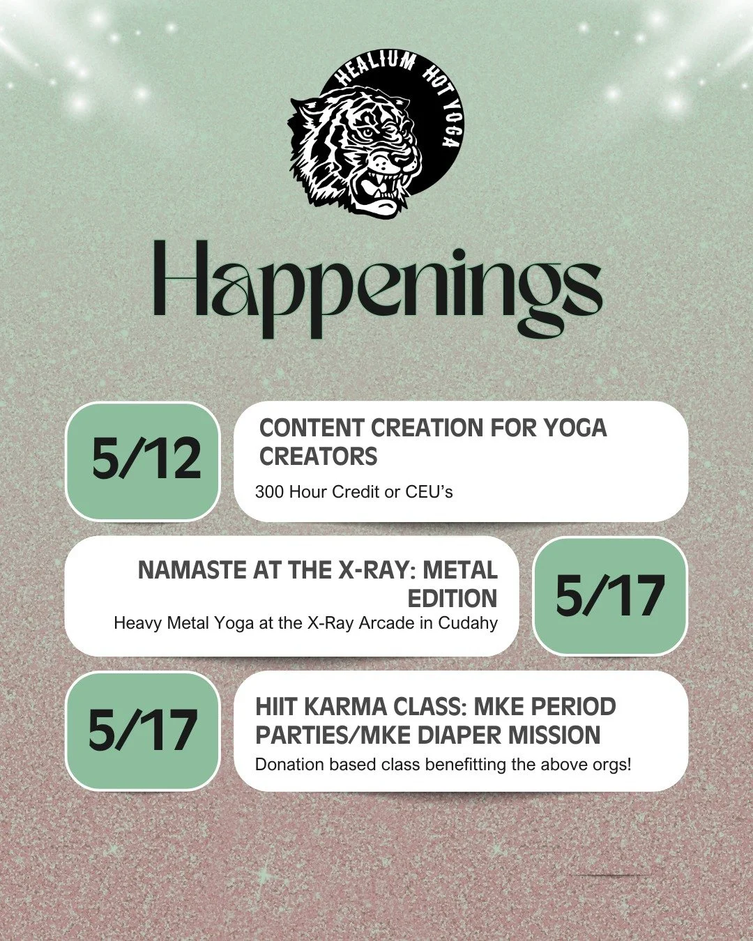 Happenings in the Healium universe this week ✨

From Karma Classes + creator workshops to Heavy Metal Yoga at X-Ray Arcade 🤘 there&rsquo;s a little something for everybody this week at Healium.

Move, sweat, learn, connect. See you on the mat 💫

 #