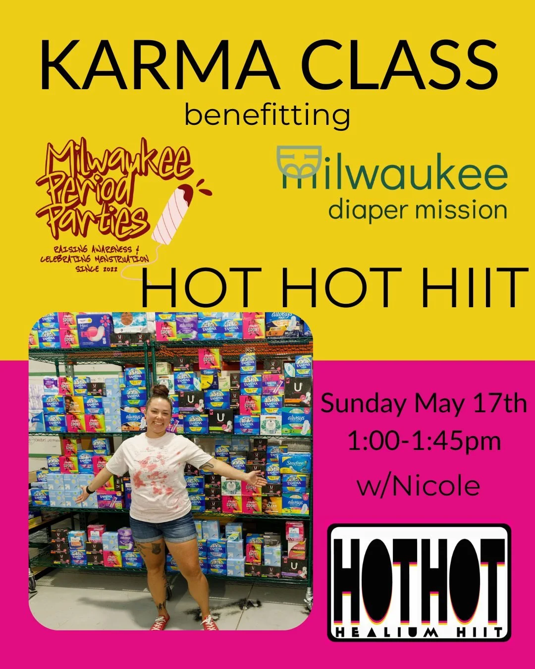 HIIT Karma Class: MKE Period Parties/MKE Diaper Mission

Join Nicole on Sunday May 17th from 1:00-1:45 at Healium HIIT for a 45 min HOT HIIT donation-based class! All levels welcome. Proceeds from this event will support Milwaukee Period Parties&rsqu