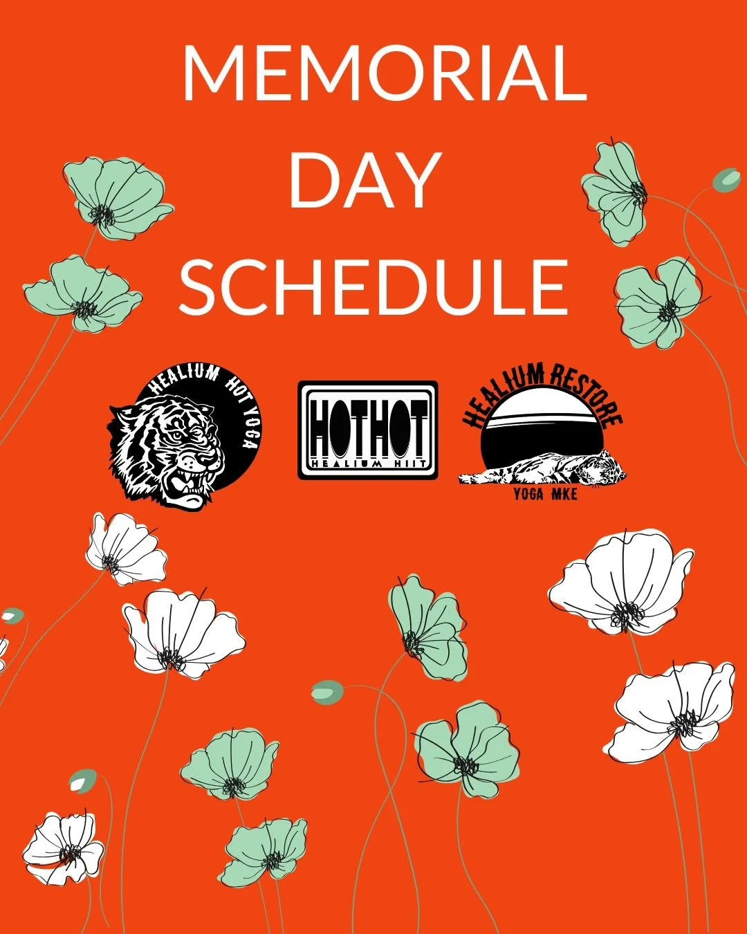 ⭐️MEMORIAL DAY SCHEDULE⭐️

Healium Hot Yoga, Healium Restore and Healium HIIT will have limited class offerings  on Monday May 25th - be sure to sign up in advance for your favorite class! 

⭐️7:30 am  HOT HOT HIIT @ HEALIUM HIIT
⭐️8:00am GENTLY HEAT