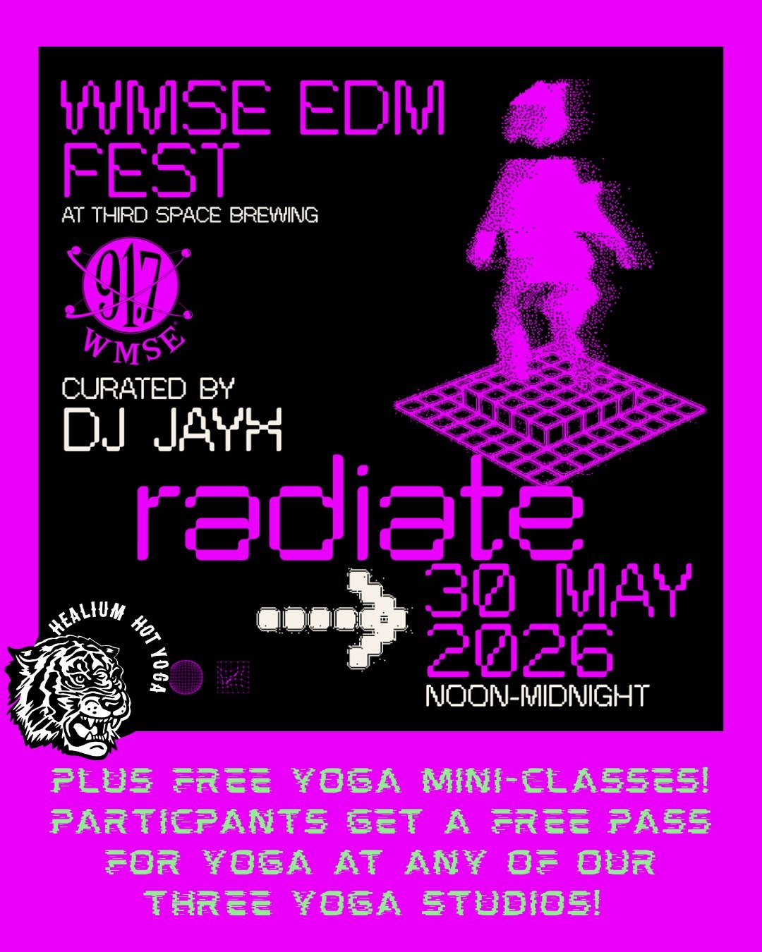 FREE YOGA at Radiate!

Join Lisa from Healium at WMSE&rsquo;s Radiate EDM Fest, happening this Saturday from 12:00-midnight at Third Space Brewing. This inaugural event is also FREE and will be a dynamic celebration of DJs and dance music culture! Fl