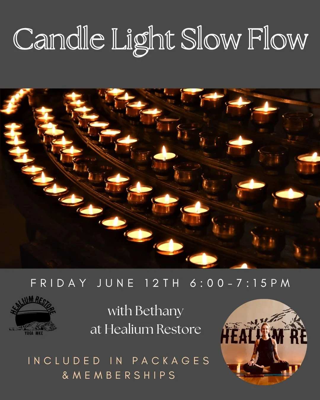 Candle Light Slow Flow

Join Bethany on Friday June 12th from 6:00-7:15 pm at Healium Restore for a slower paced flow class with true intention to connect to body and breath. This class will be dimly lit by the glow of candles to invite in a calming,