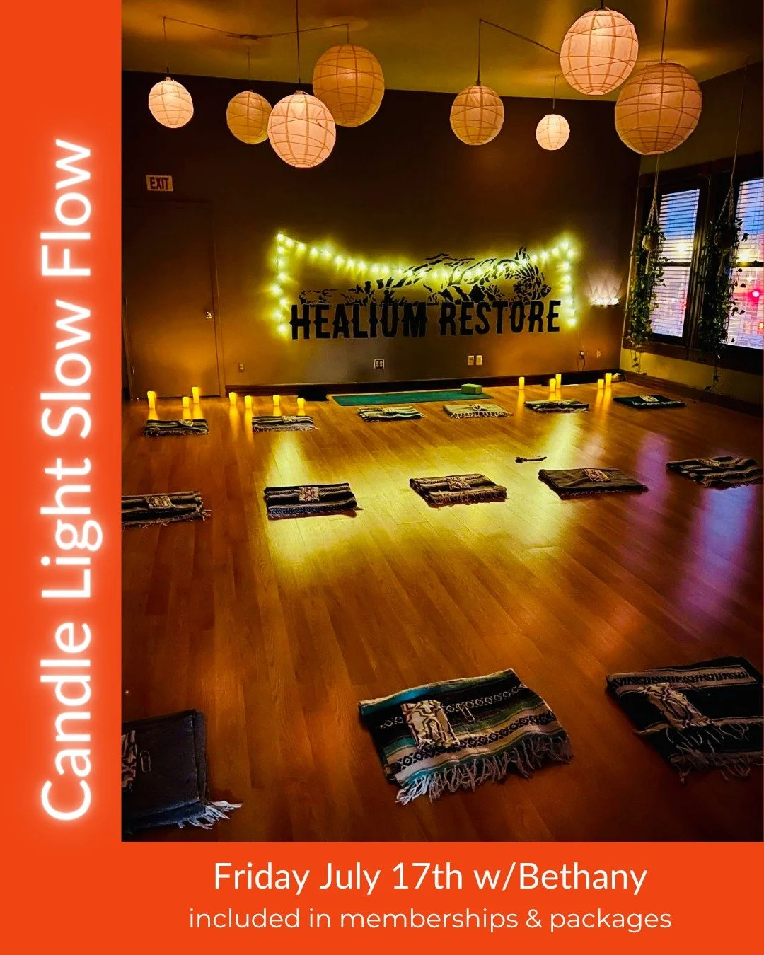 Candle Light Slow Flow
Friday at Healium Restore! 

Join Bethany on Friday July 17th from 6:00-7:15 pm at Healium Restore for a slower paced flow class with true intention to connect to body and breath. This class will be dimly lit by the glow of can