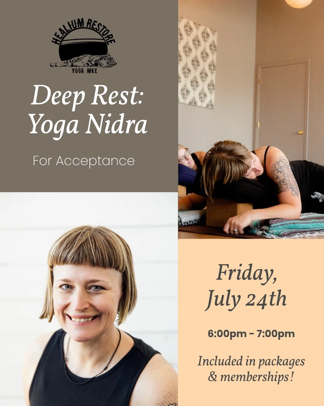Join Becky this Friday, July 24th from 6:00 - 7:00pm for a Deep Rest Yoga Nidra focusing on acceptance. 

Included in packages and memberships, sign up via MindBody. 

Come unwind, rest, relax, and accept with us 🙏🍃

 #healiumeverywhere #HealiumHot