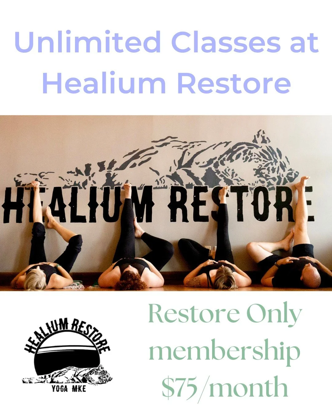 Healium Restore Membership
Unlimited classes for $75/month

Ready to chill out, relax and feel rejuvenated? Healium Restore has Yin, Prana Flow, Restorative Yoga, Rocket Flow, Movement &amp; Meditation all in a non-heated space (air conditioning too 