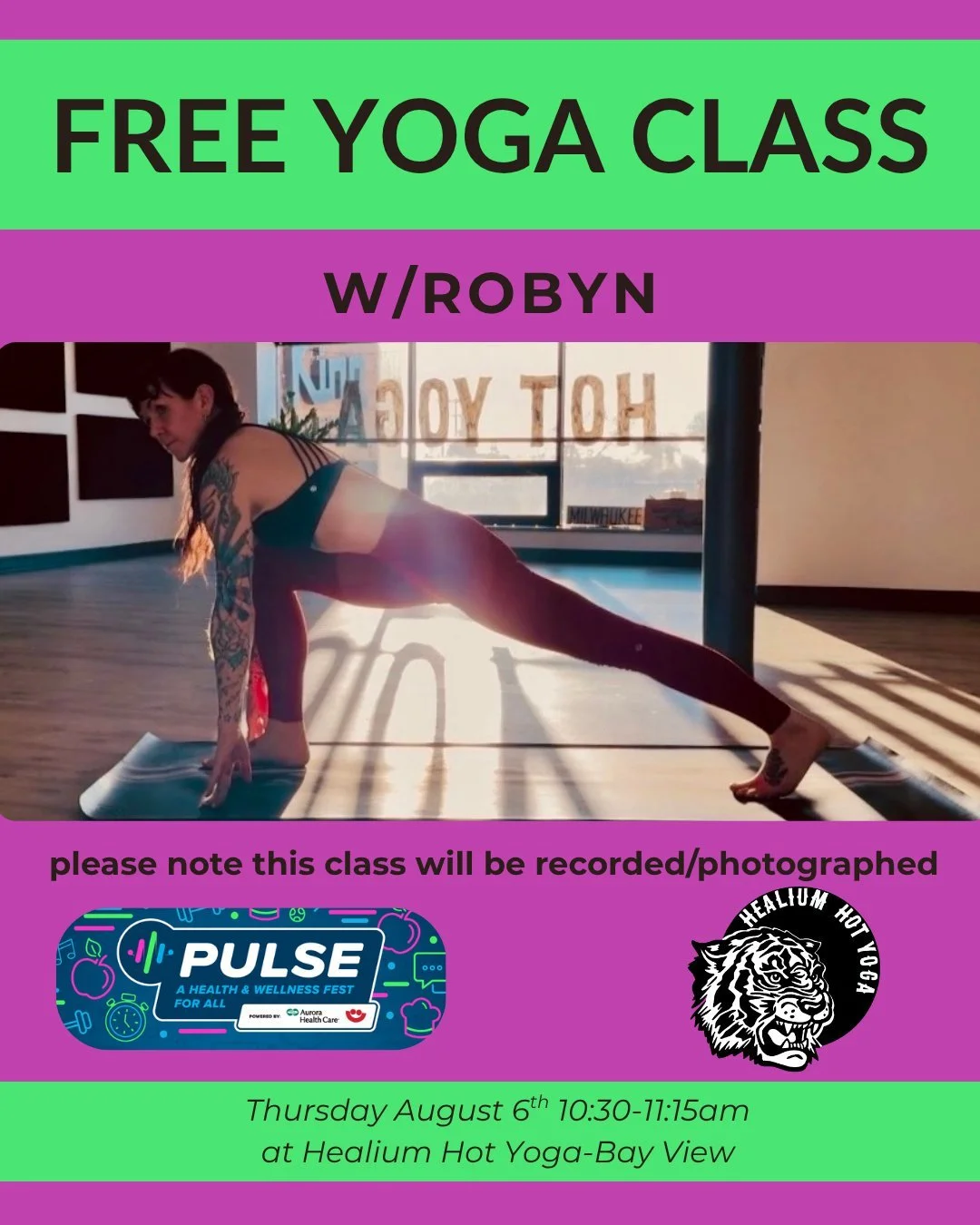 Free PULSE Gently Heated Vinyasa w/Robyn

Join Robyn for a FREE 45 minute Gently Heated Vinyasa Flow class on Thursday August 6th from 10:30-11:15am at Healium Hot Yoga-Bay View! 

This class will be recorded and photographed as part of Healium&rsquo