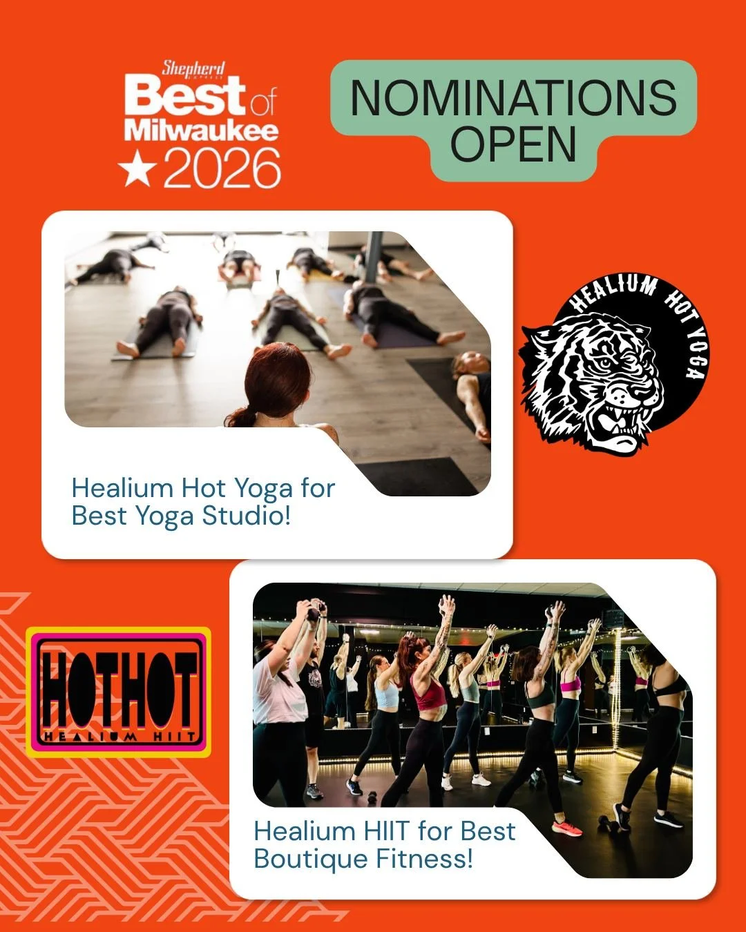 Shepherd Best of Milwaukee Nominations!
Just a few more days remaining! 

Our favorite best of the year list nominations are open for write-in voting through September 24th. 

Please consider nominating Healium Hot Yoga* for Best Yoga Studio!
https:/