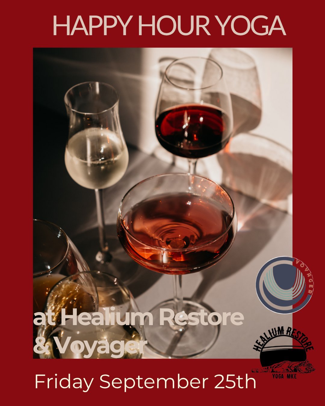 Happy Hour Yoga w/Voyager 
Friday at Healium Restore

Join Kayla for Happy Hour Yoga at Healium Restore and wine at Voyager on Friday September 25th from 6:00-7:00 pm! 

Truly the best way to end your week: moving your body and enjoying a glass of wi
