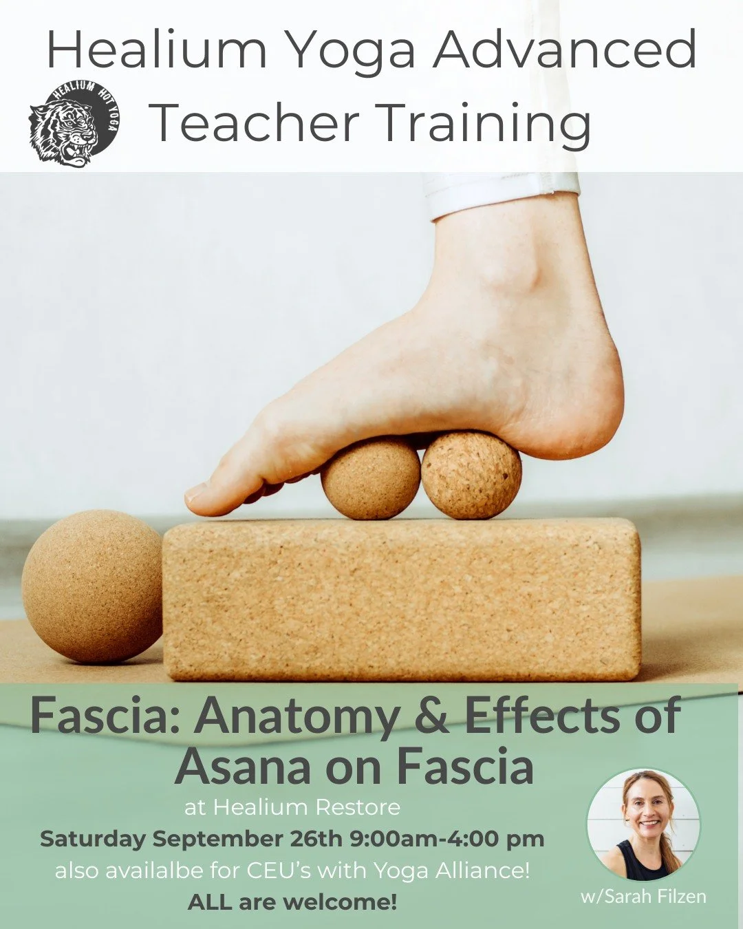 Fascia: Anatomy &amp; Effects of Asana on Fascia 
Saturday at Healium Restore

Join Sarah Filzen, eRYT 500, on Saturday September 26th 9:00am-4:00pm at Healium Restore for a day-long workshop which will focus on understanding the anatomy of fascia, y