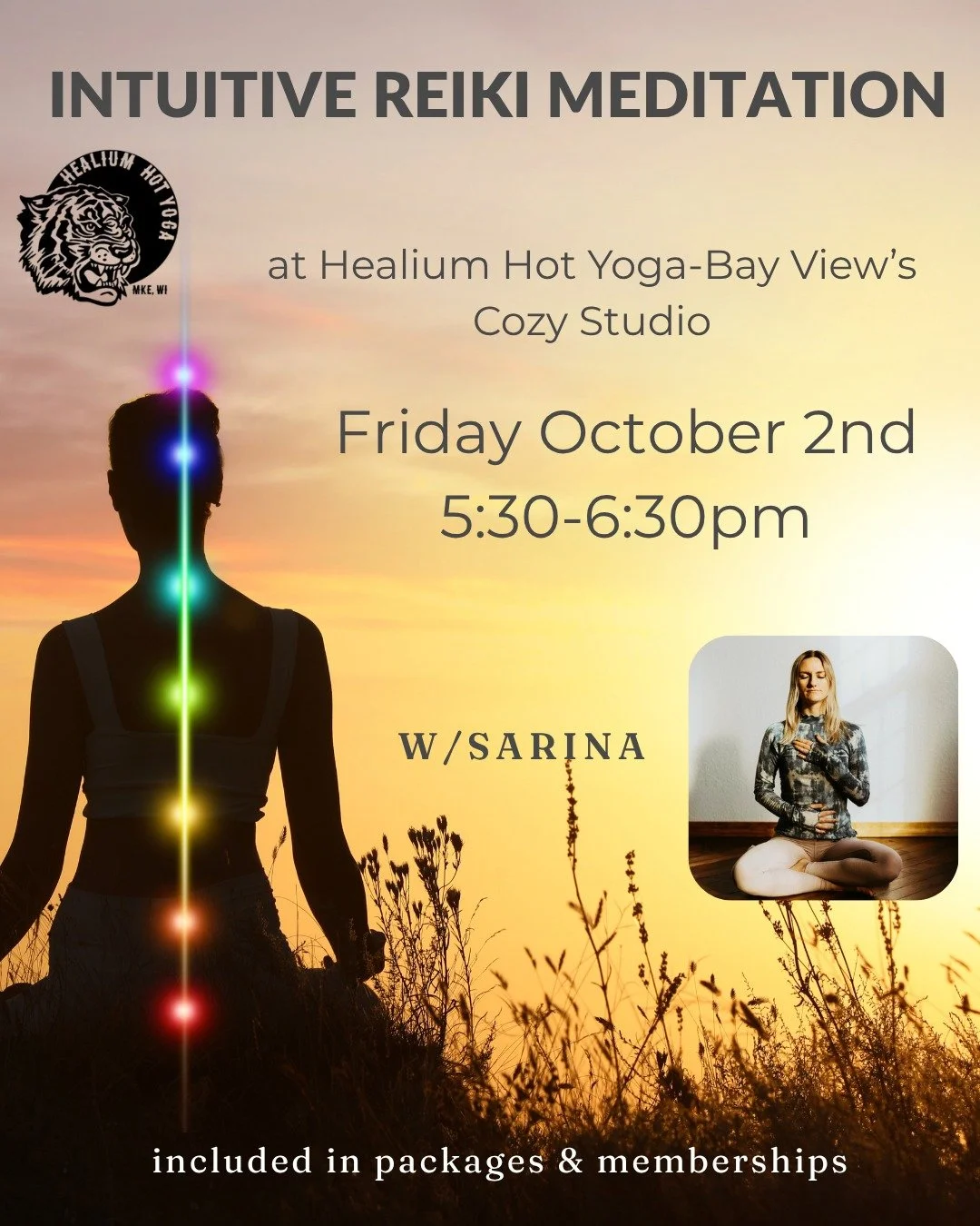 Intuitive Reiki Meditation

Join Sarina on Friday October 2nd from 5:30-6:30pm at Healium Hot Yoga-Bay View&rsquo;s Cozy Studio for an intuitively guided meditation and opportunity to experience Reiki healing in a group setting. No two experiences ar