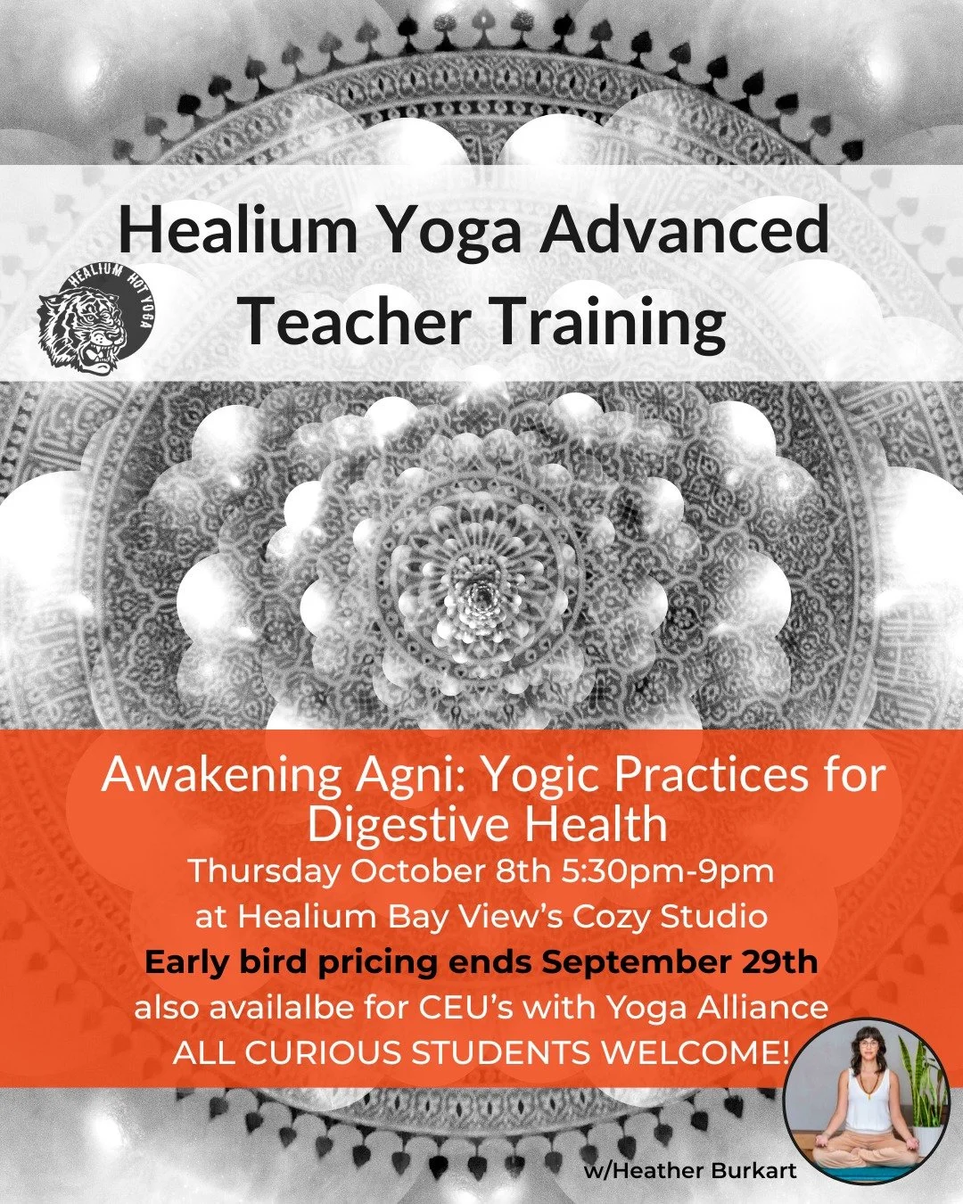 Awakening Agni: Yogic Practices for Digestive Health
Early bird pricing ends Tuesday!!

Join Heather Burkart, eRYT500, on Thursday October 8th from 5:30-9:00pm at Healium Hot Yoga-Bay View&rsquo;s Cozy Studio for Awakening Agni: Yogic Practices for D
