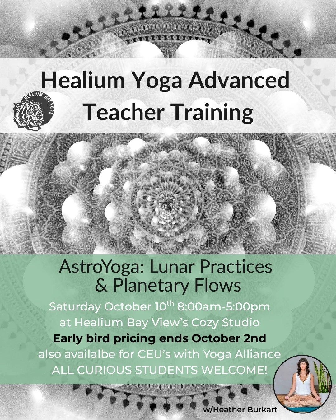 AstroYoga: Lunar Practices &amp; Planetary Flows
Early bird pricing ends tomorrow!

Join Heather Burkart, eRYT500, on Saturday October 10th from 8:00am-5:00pm at Healium Hot Yoga-Bay View&rsquo;s Cozy Studio for AstroYoga: Lunar Practices &amp; Plane