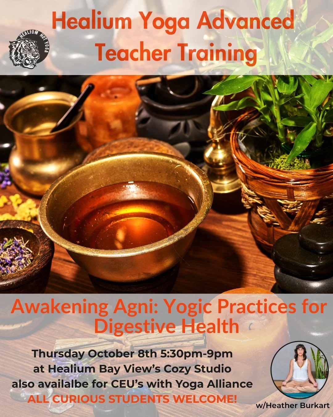 Awakening Agni: Yogic Practices for Digestive Health
Thursday!
at Healium Hot Bay View&rsquo;s Cozy Studio

Join Heather Burkart, eRYT500, on Thursday October 8th from 5:30-9:00pm at Healium Hot Yoga-Bay View&rsquo;s Cozy Studio for Awakening Agni: Y