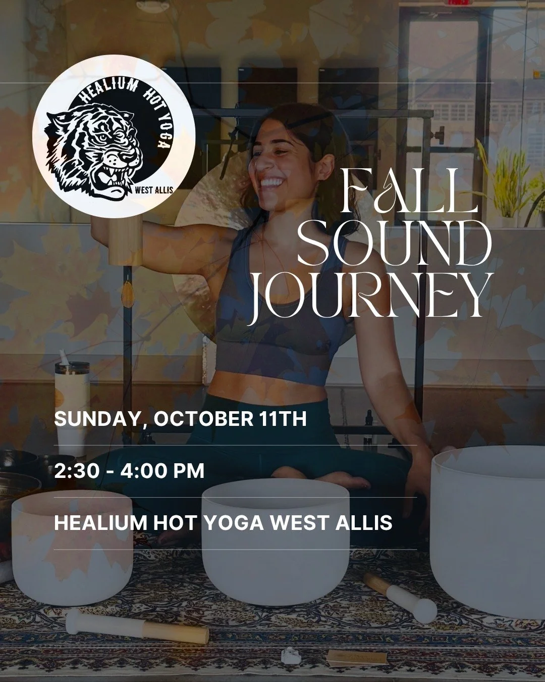 Fall Sound Journey with Parisa this Sunday, October 11th at Healium Hot Yoga West Allis 🍁🔊This powerful journey can help you release physical tension, alleviate stress, boost energy levels, improve mental clarity and more!

Sign up via MindBody. 

