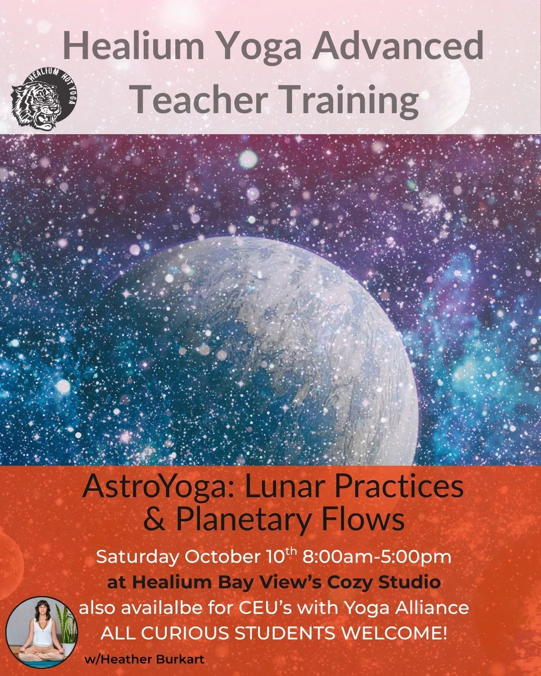 AstroYoga: Lunar Practices &amp; Planetary Flows
Saturday at Healium Bay View&rsquo;s Cozy Studio

Join Heather Burkart, eRYT500, on Saturday October 10th from 8:00am-5:00pm at Healium Hot Yoga-Bay View&rsquo;s Cozy Studio for AstroYoga: Lunar Practi