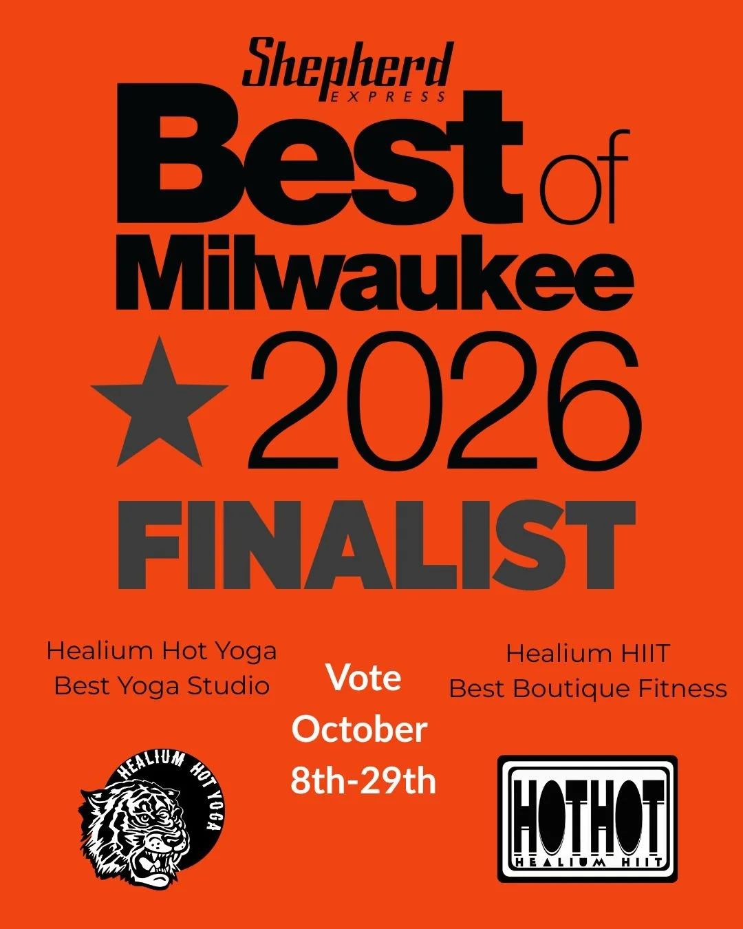 BEST of Milwaukee!!!
Thanks for helping us make it to the finals! 

Please considering voting for Healium Hot Yoga for Best Yoga Studio (includes Healium Restore) and Healium HIIT for Best Boutique Fitness with Shepherd Express! 

Voting lasts Octobe