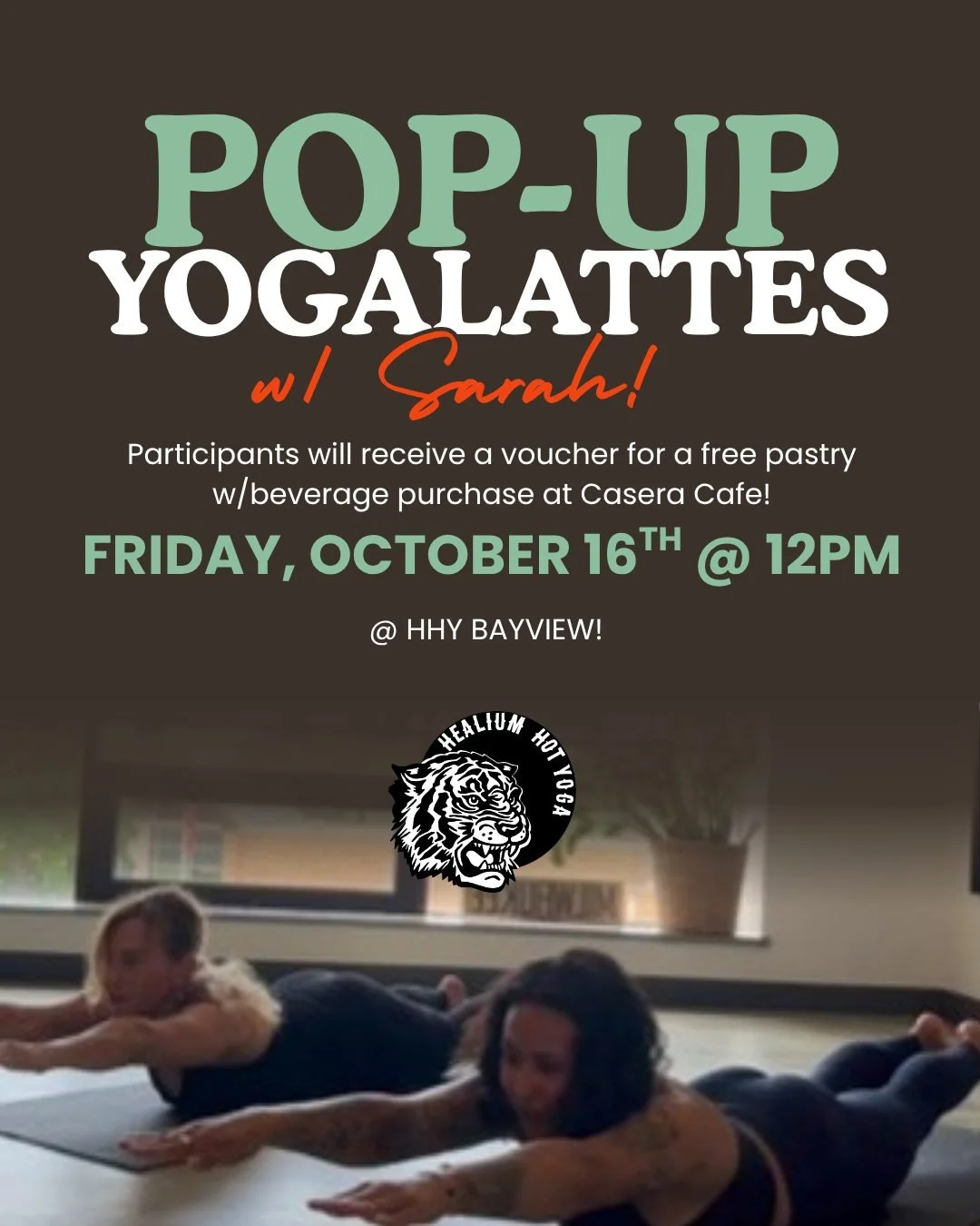 Join Sarah for a 🔥HOT🔥 YogaLattes POP UP on Friday, October 16th at 12pm. 

Each participant will receive a voucher for a free pastry with latte purchase from our friends at Casera Cafe &amp; Bakery. 

🧘&zwj;♀️☕🥐

 #Yoga #yogacommunity #BestofMil