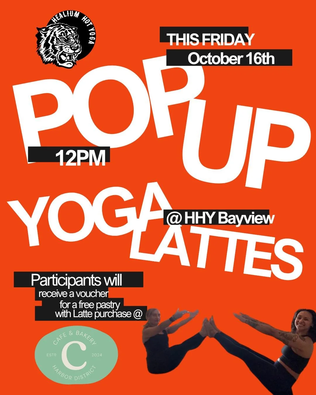 Join SARAH this Friday, October 16th at 12pm for a HOT YogaLattes POP UP! 

All participants will receive a voucher for a FREE pastry with latte purchase from our friends over at Casera Cafe &amp; Bakery ☕

This offering is included in packages and m
