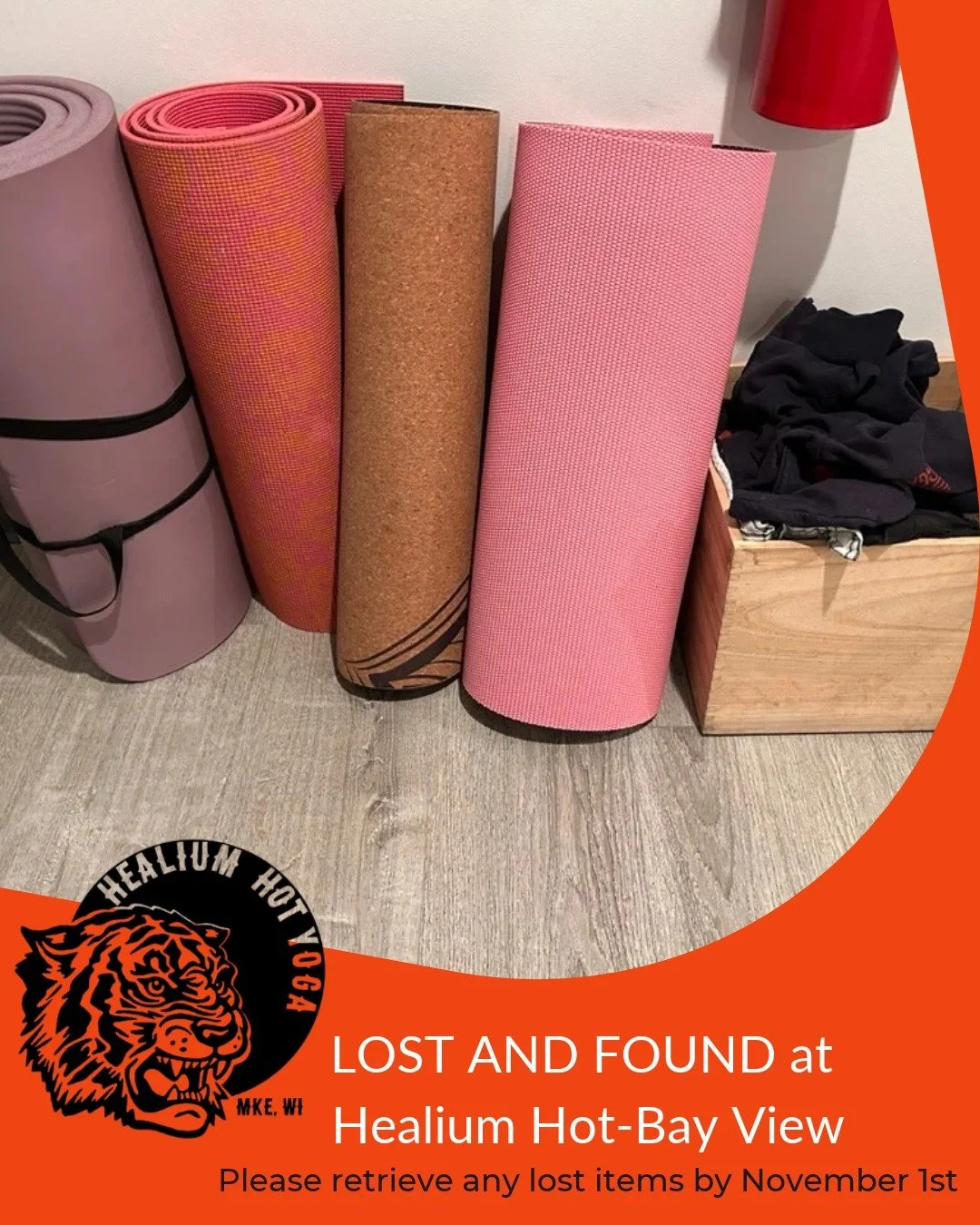 Lost and Found
at Healium Hot Yoga-Bay View

Our lost and found box at the Bay View Hot location is overflowing! Please retrieve any left-behind mats, water bottles, towels, shirts, etc. by Sunday November 1st. All remaining items will be donated or 