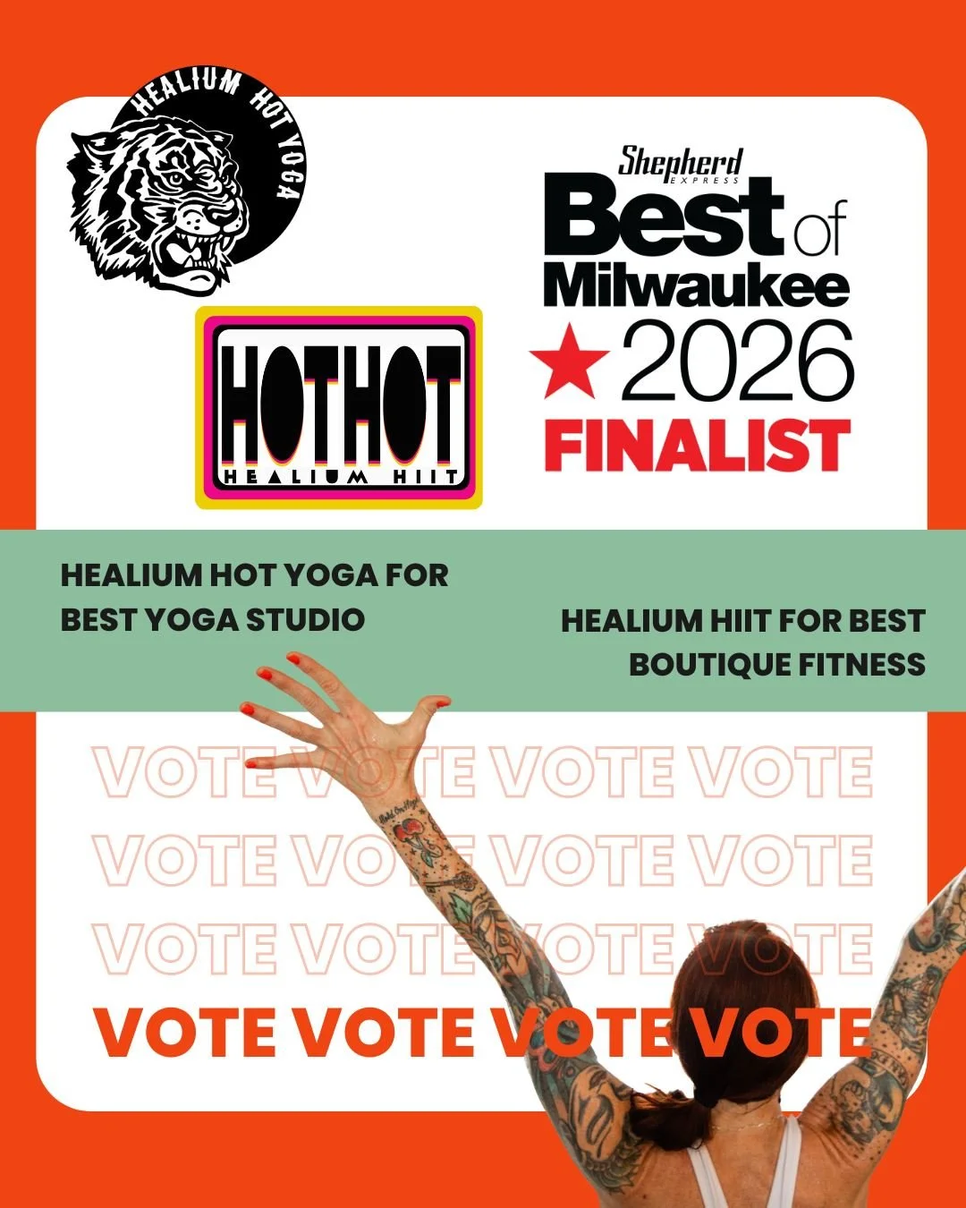 WE'RE GETTING DOWN TO THE WIRE! Only a few more days to support your favs for Best of Milwaukee 2026. 

Go vote for Healium Hot Yoga for BEST yoga studio and Healium HIIT for BEST boutique fitness 💪🧘

 #healiumeverywhere #bom2026 #milwaukeeyoga #he