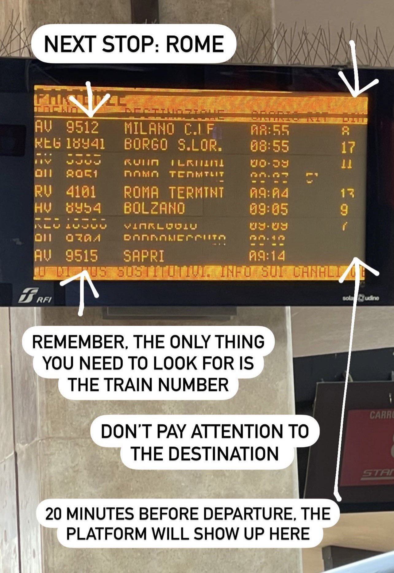 Departure board at Milano Centrale train station showing train numbers and platforms.