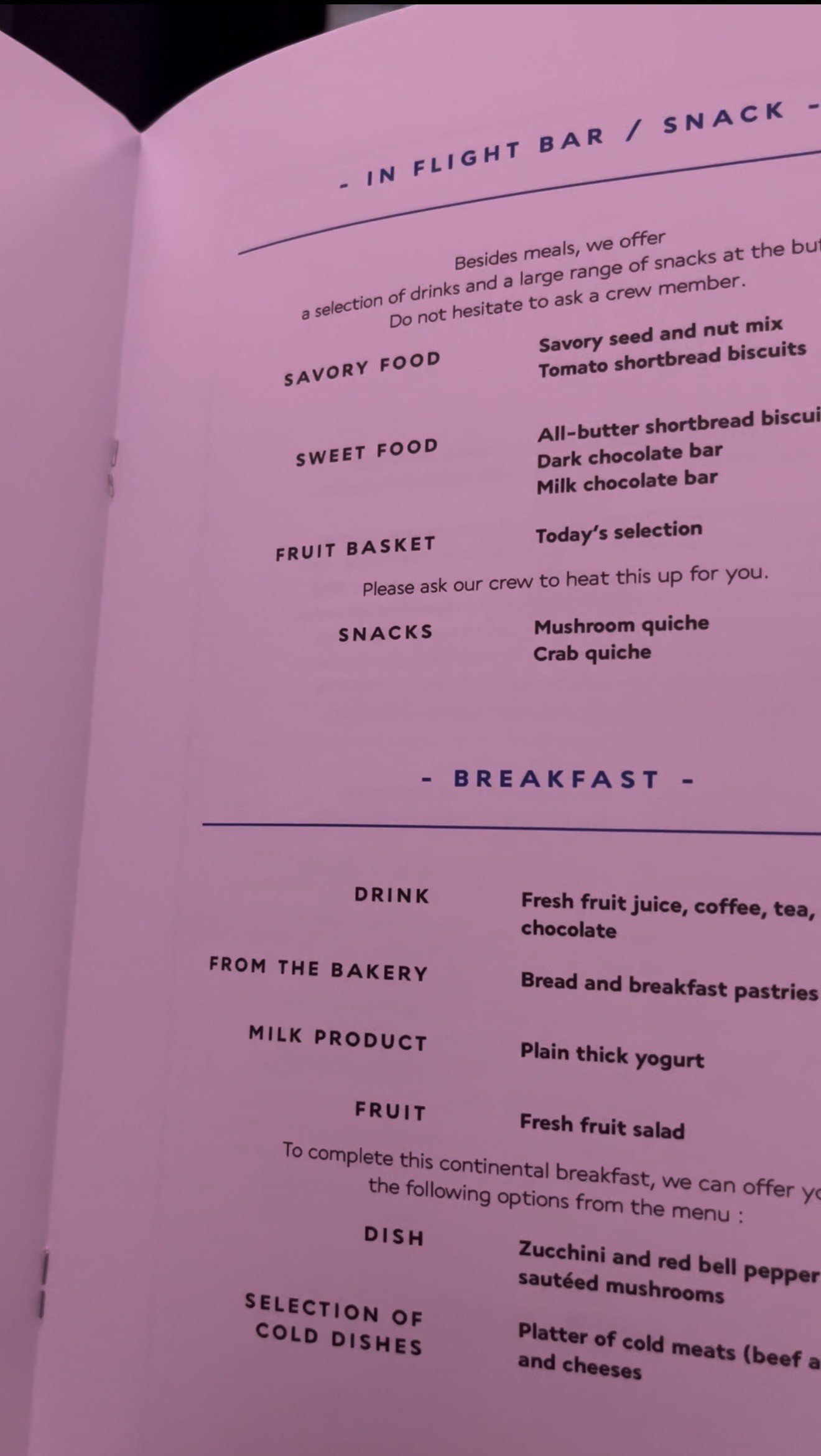 air france business class in flight menu