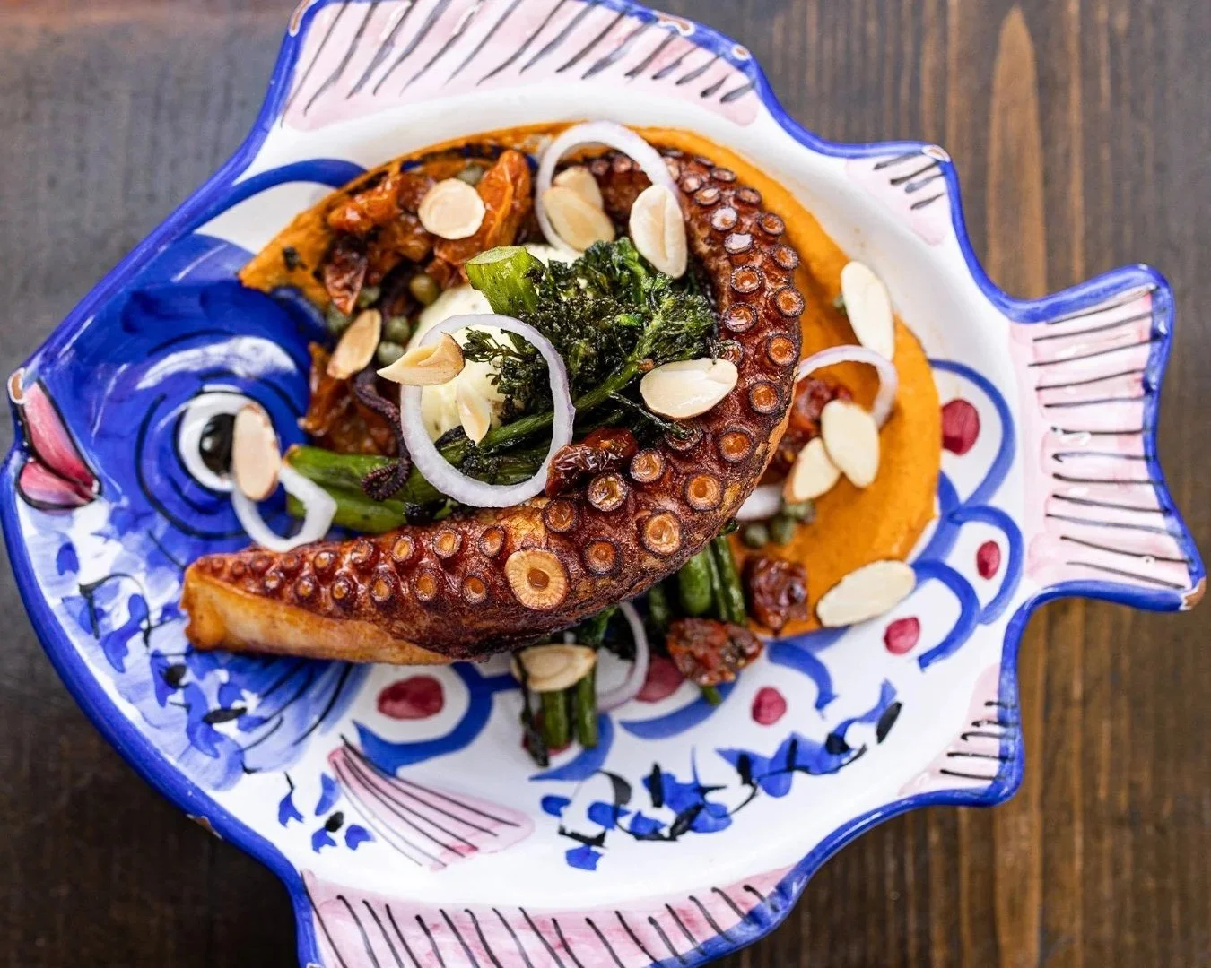 The arem of an octopus sits on a delicious loking plate in Cesarina, San Diego