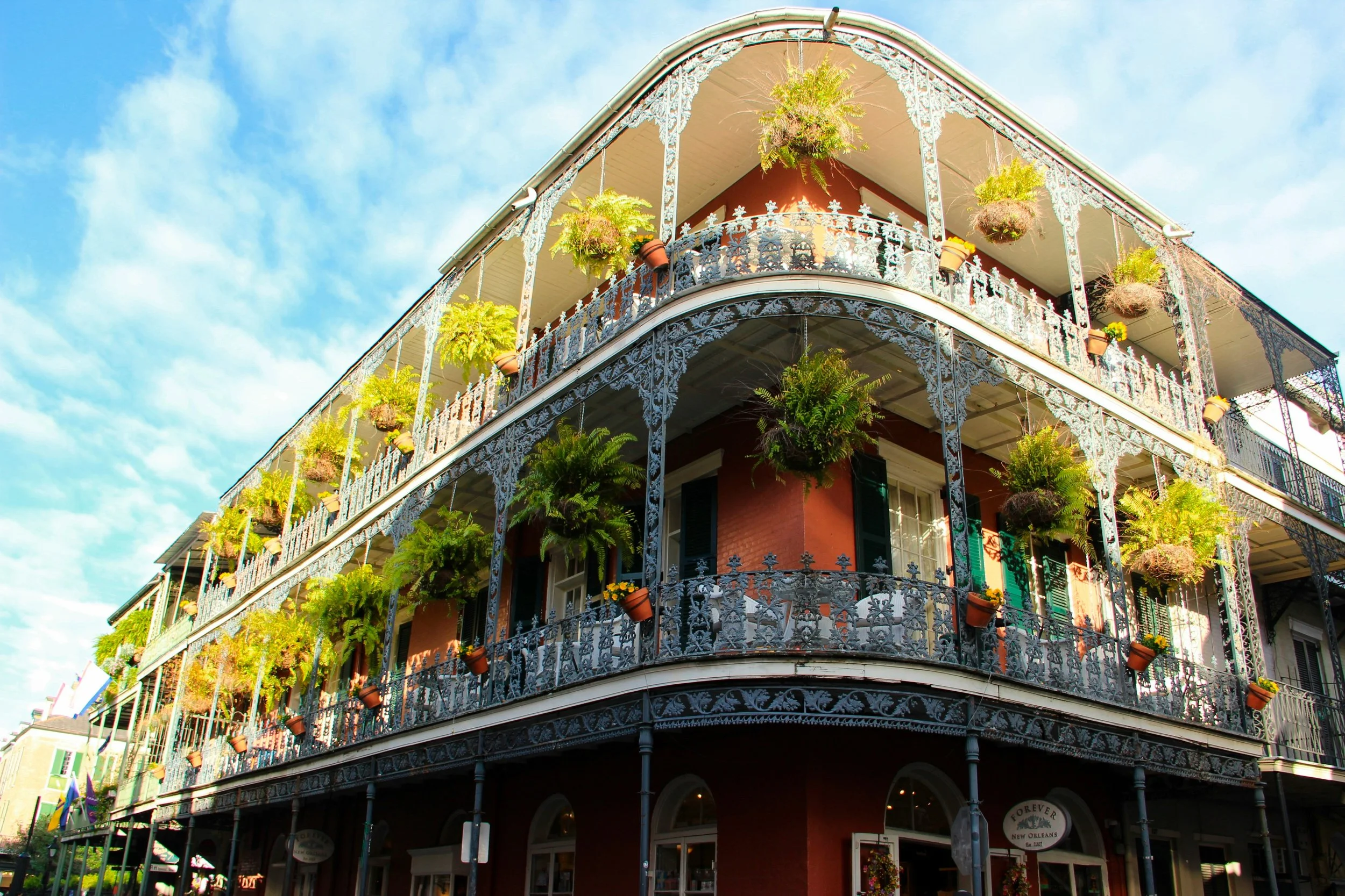 Wrought-iron galleries hold hanging baskets against a blue sky. Drives & Detours New Orleans walking tour