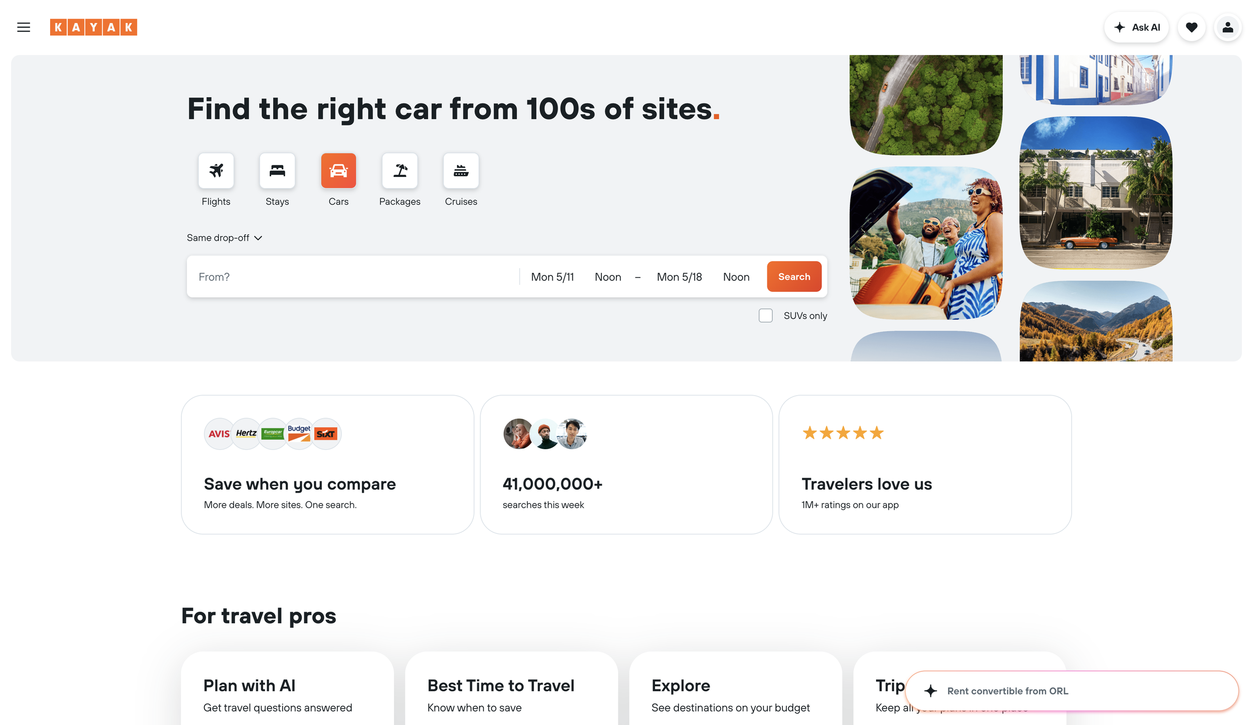 A screenshot of the Kayak Car Rental page. It says: Find the right car from 100s of sites, with a number of images of people looking happy. Drives & Detours Kayak rental car hacks