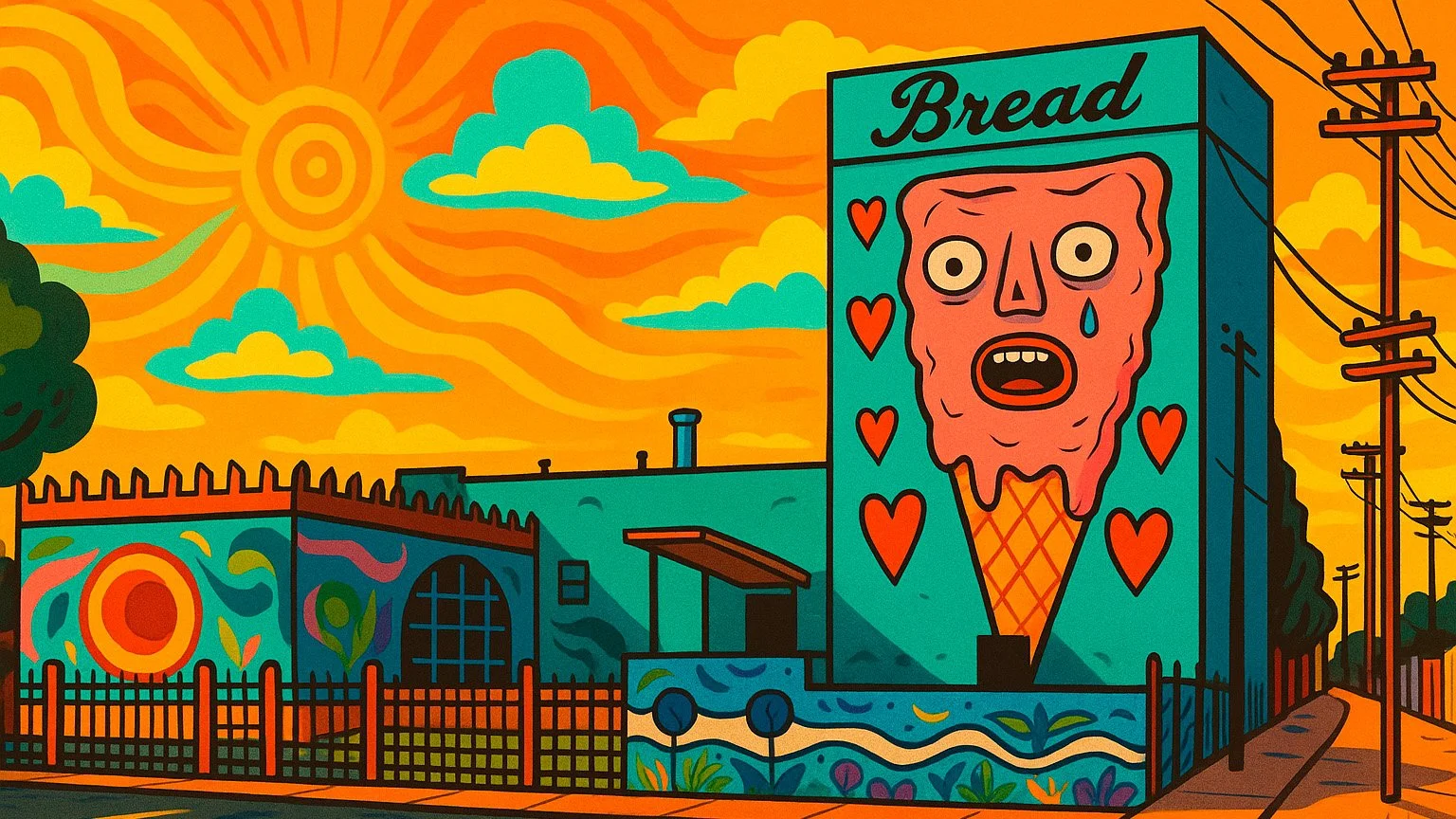 A psychadelic drawing of Bread & Salt in Barrio Logan, San Diego. The buildings is covered in greens and oranges, depicting flowers and a shocked ice cream melting in the sun