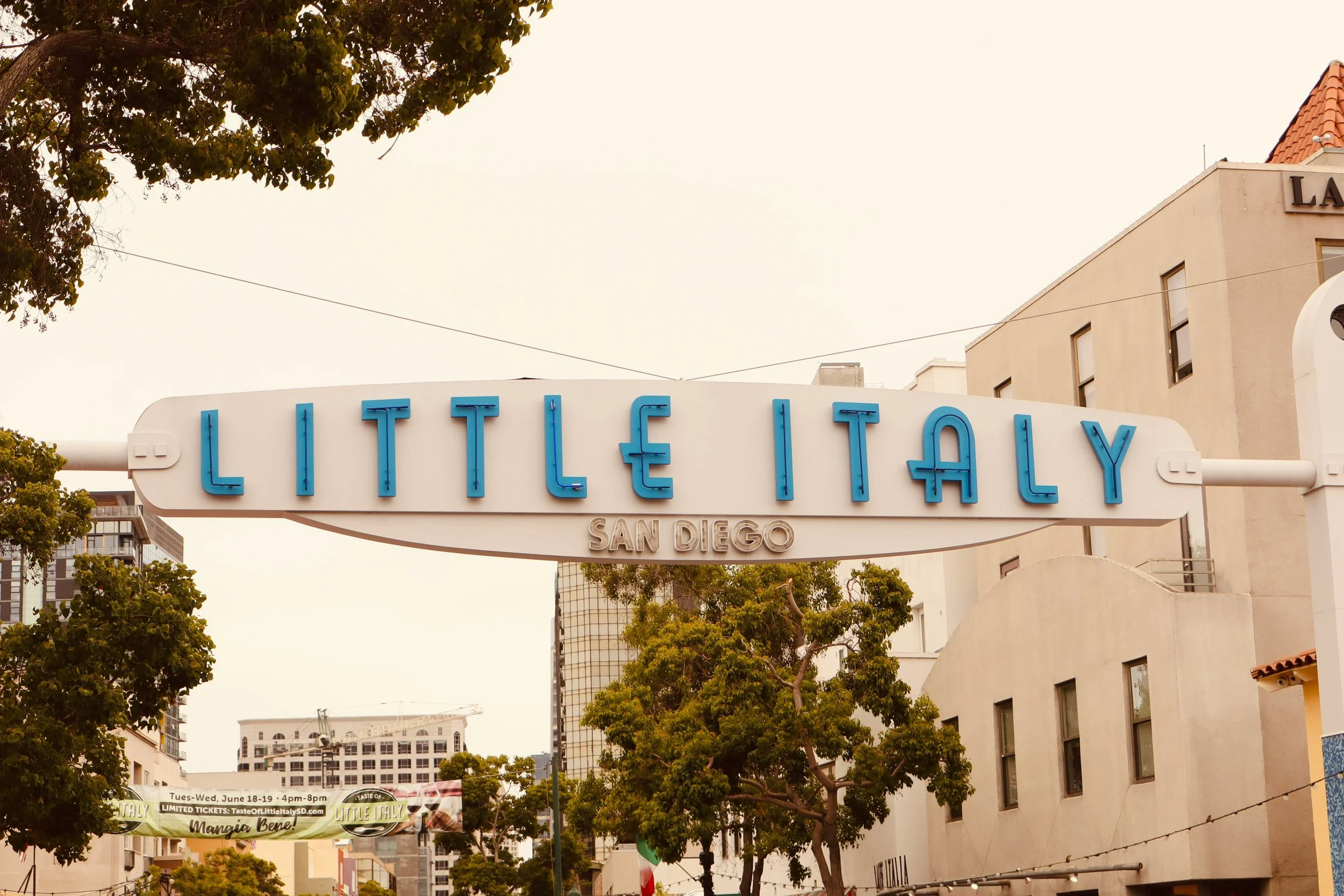 The San Diego Little Italy sign. It's written in a blue Art Deco font, with buildings behind it
