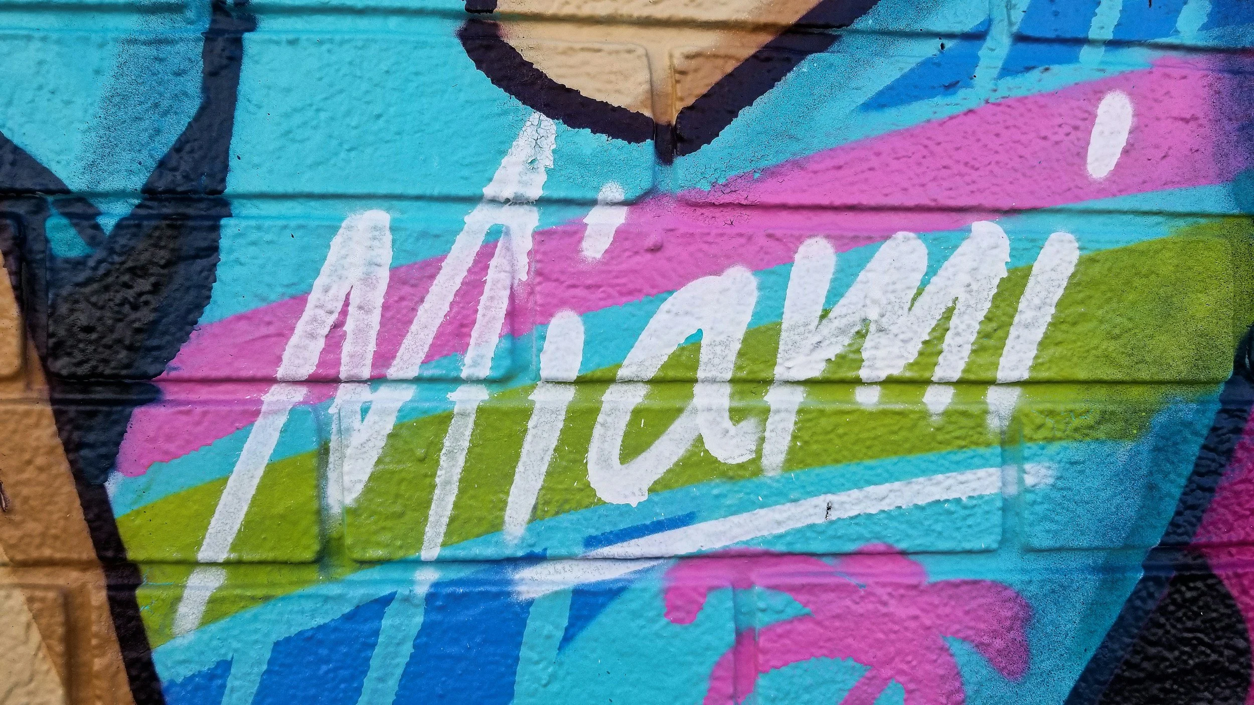 Graffiti on a wall in Wynwood that reads: "Miami" It's in bright, vibrant blues, pinks and greens