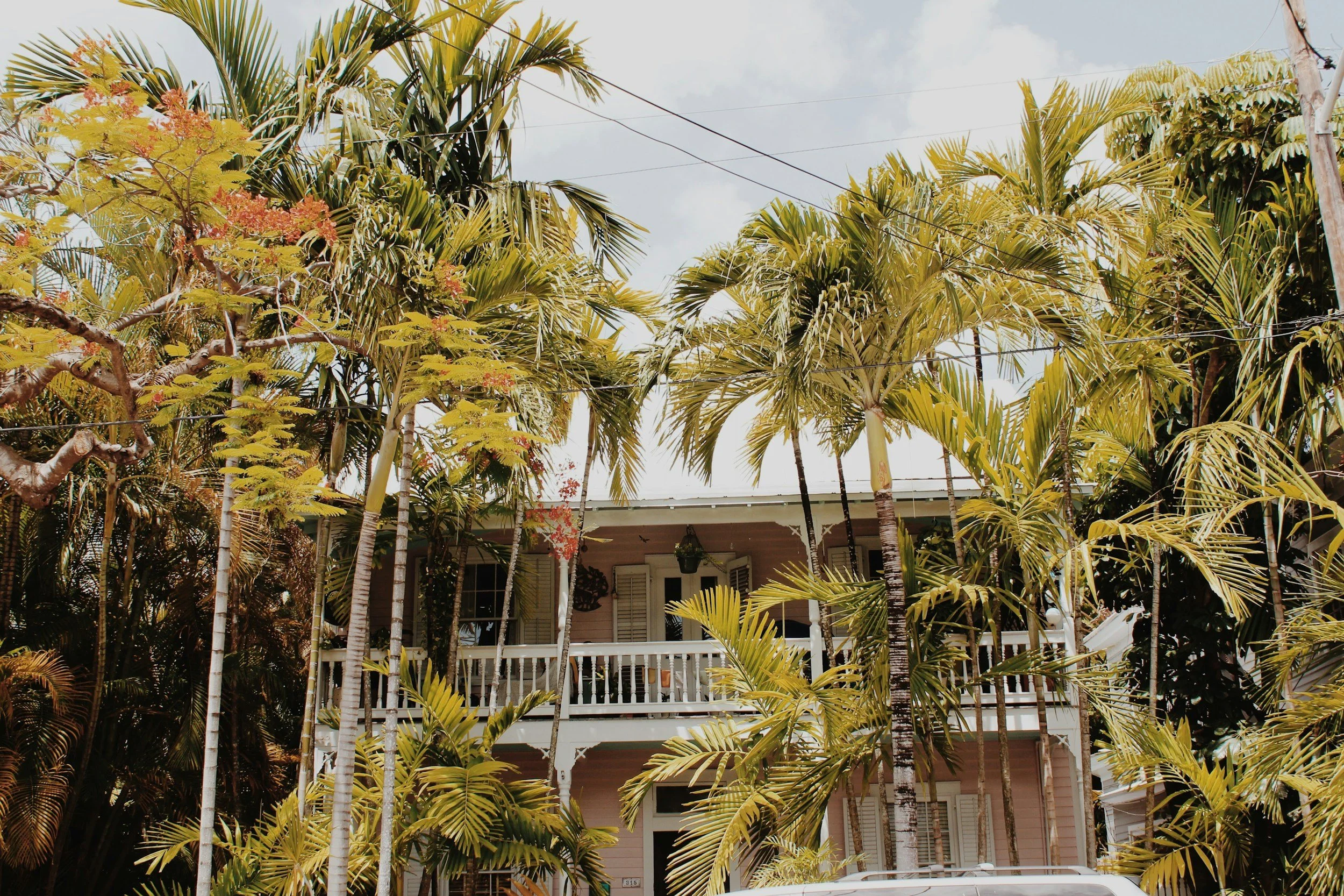 The balcony of a white house in Key West is surrounded by palm trees