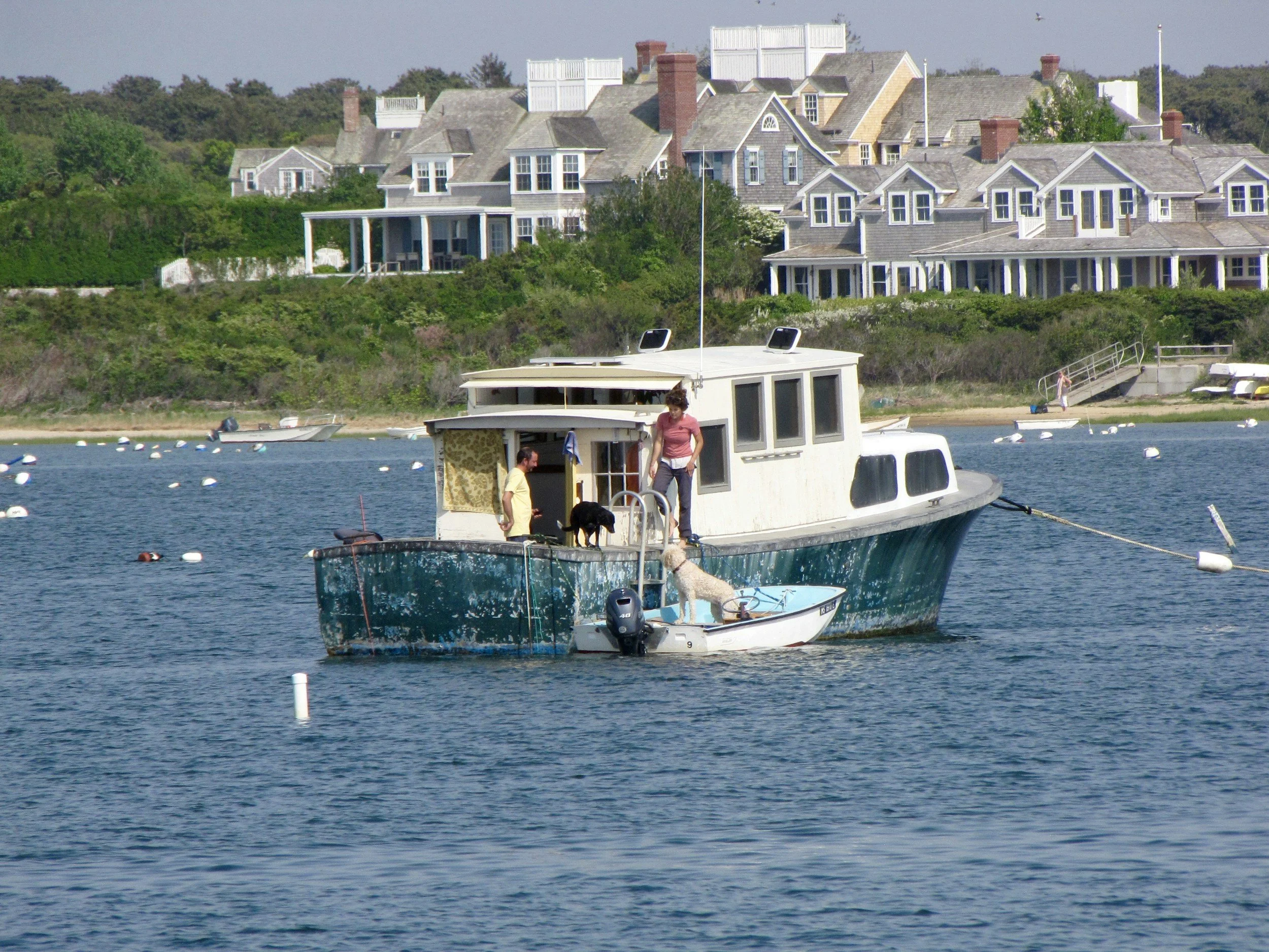People and their dogs board a small fishing boat in Nantucket sound. Wooden houses line the seafront behind.