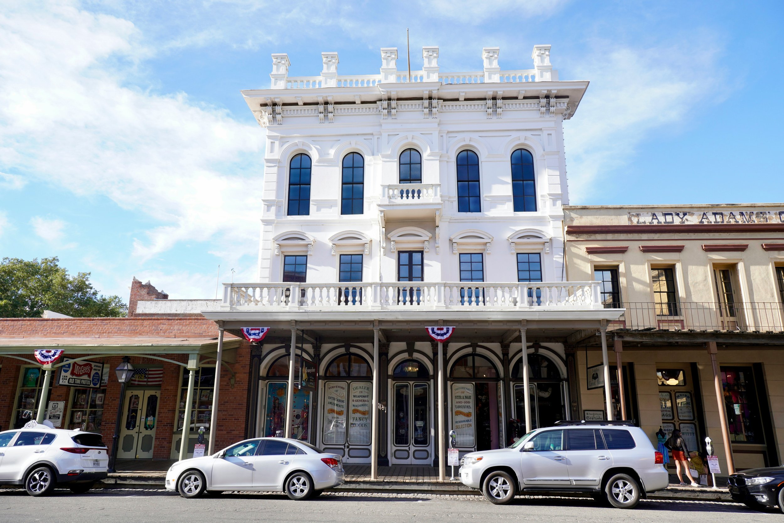 Evangeline’s joke shop is a tall, white building in Old Sacramento, California