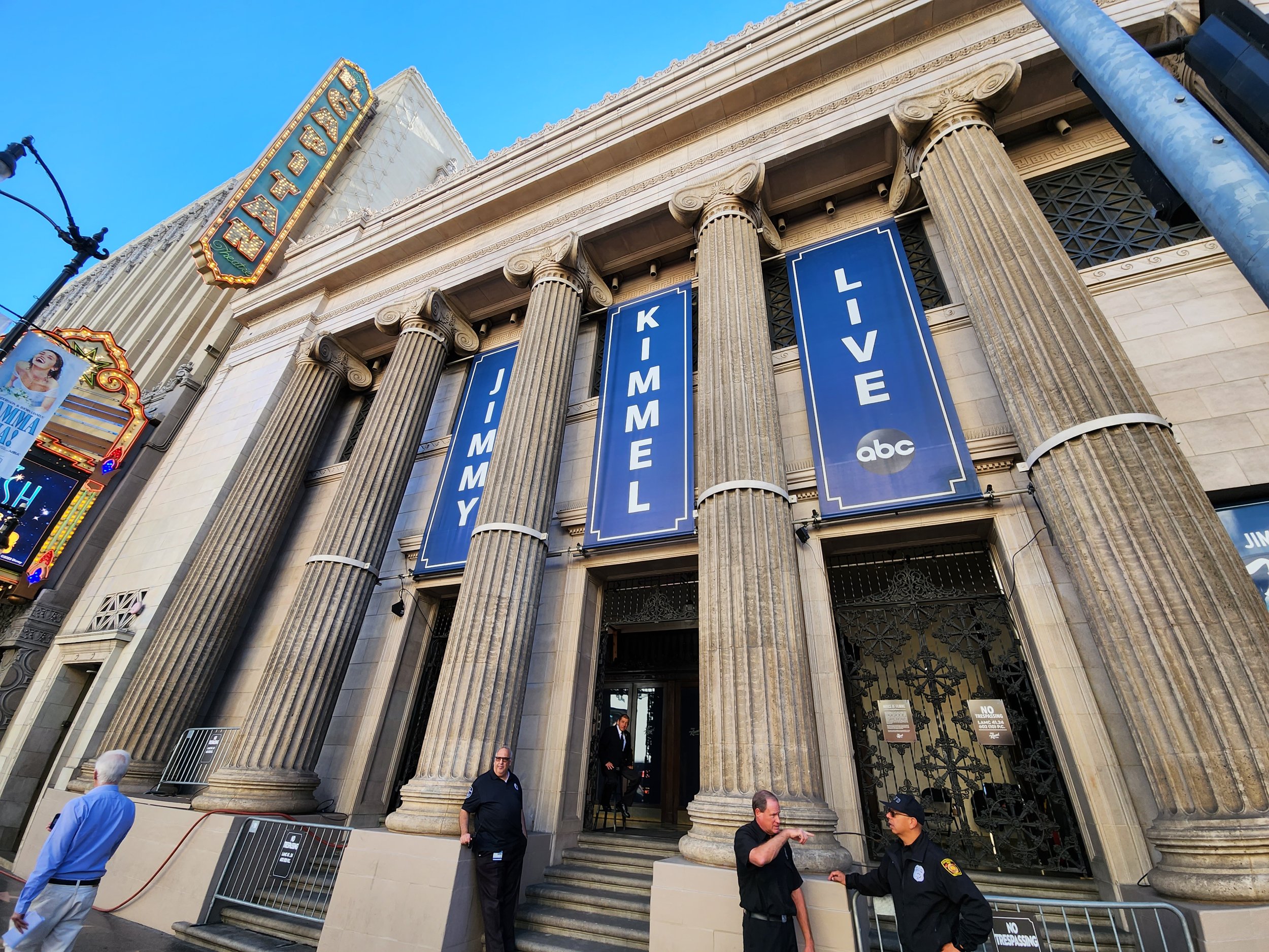 A shot of the pillars of the El Capitan theater in Los Angeles, where Jimmy Kimmel Live records. Drives & Detours Hollywood to Beverly Hills Driving Tour