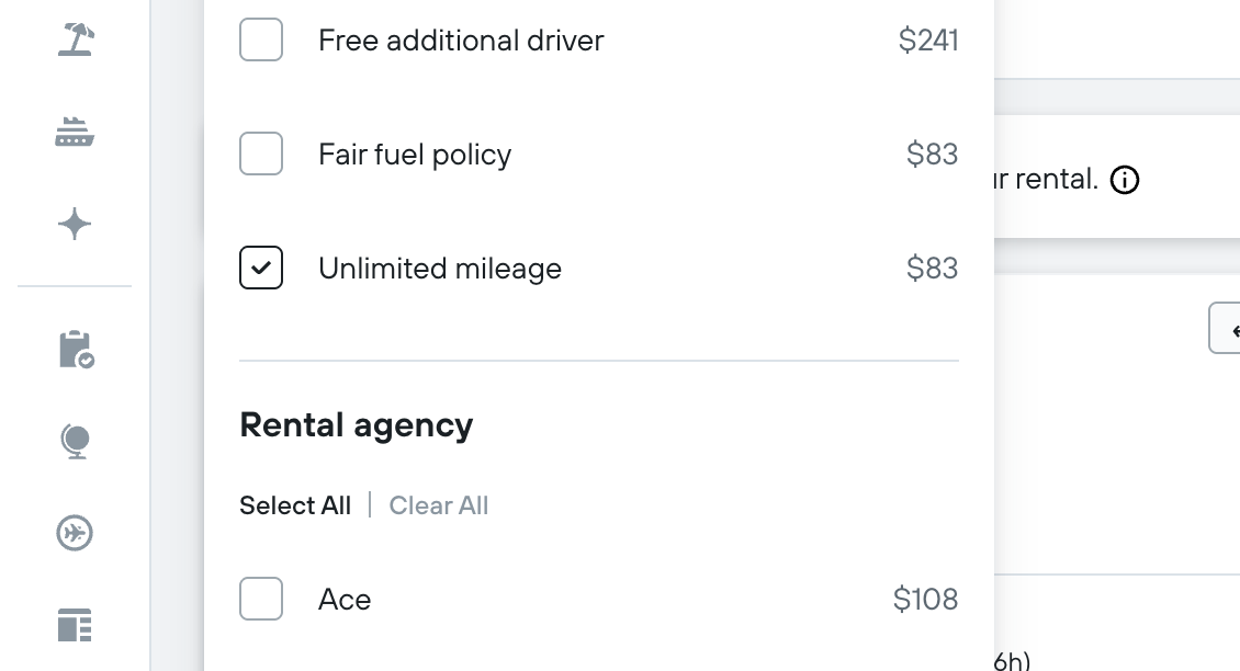 A screenshot from the Kayak Car Rental website with the Unlimited Mileage filter checked