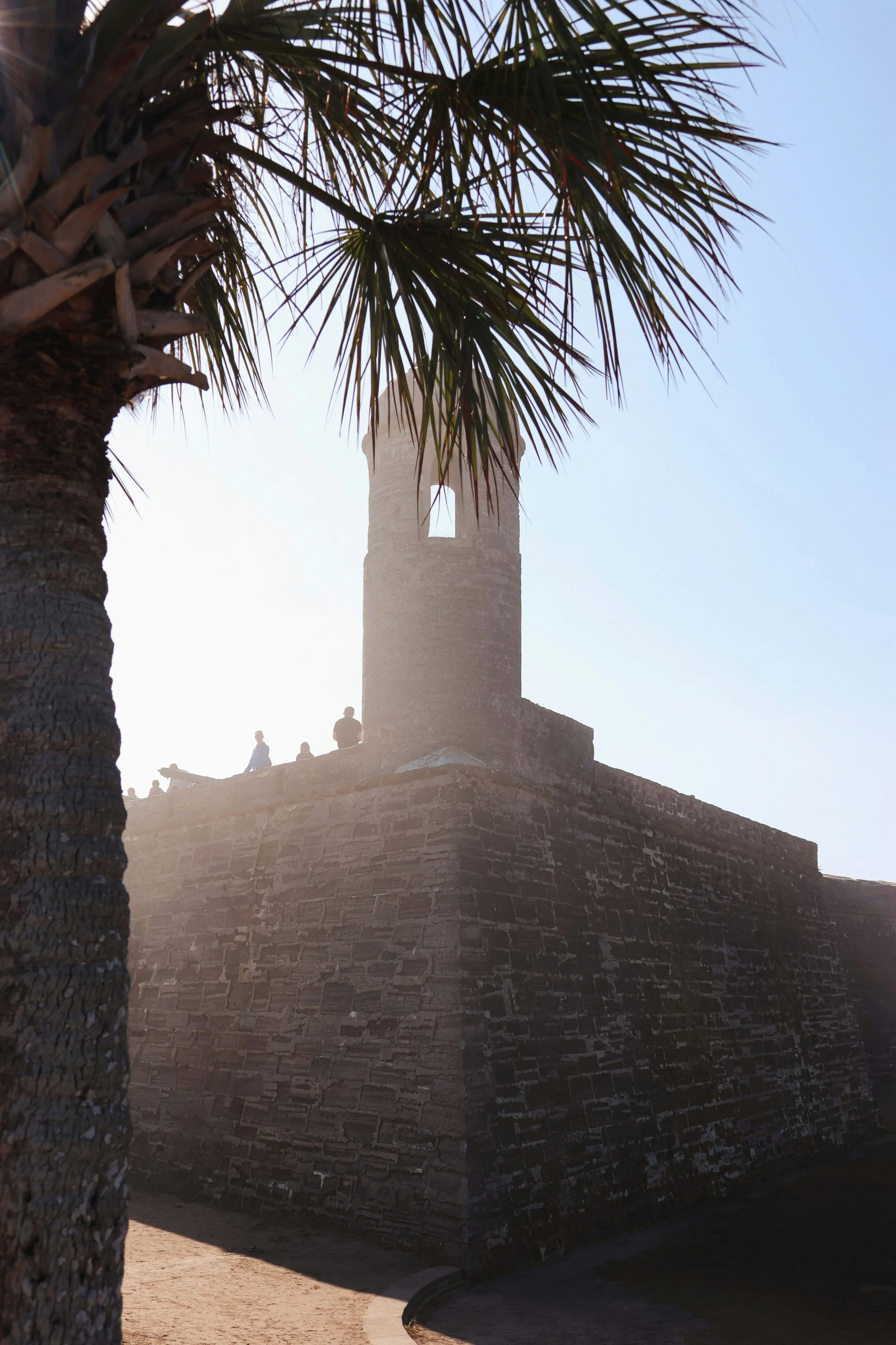 One of the bastions on the Castillo de San Marcos National Monument in St. Augustine with bright sun behind it, creating a silhouette. A palm tree stands in the foreground