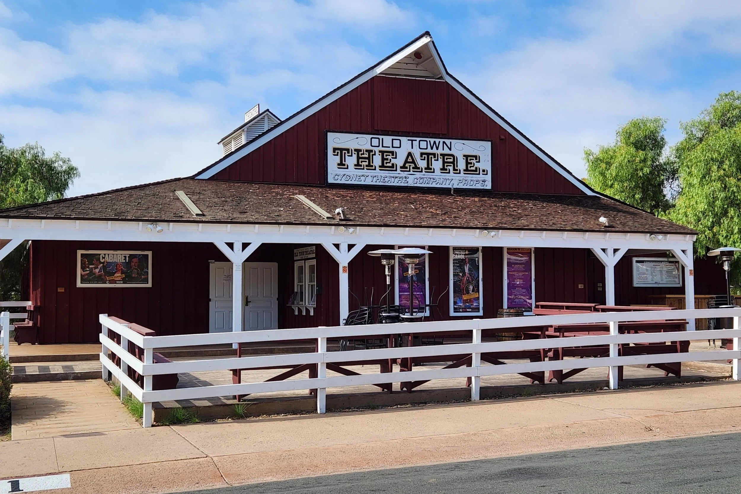 The Old Town Theatre in Old Town San Diego. Its made out of wood, painted a dark red and looks nothing like a modern theater would