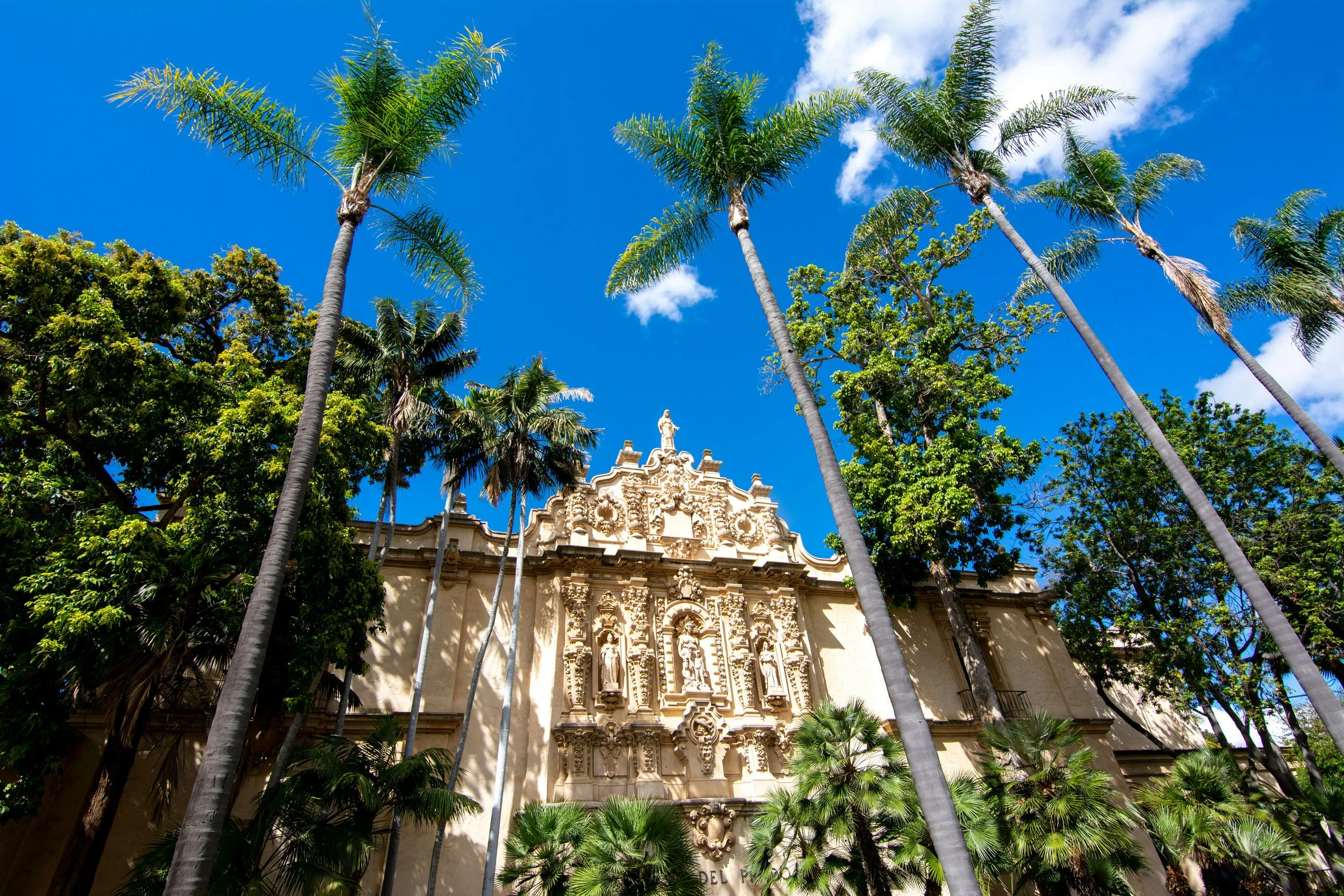 The ornate exterior of the Casa del Prado in Balboa Park, San Diego. Huge palm trees grow in front of it and there is a statue on top