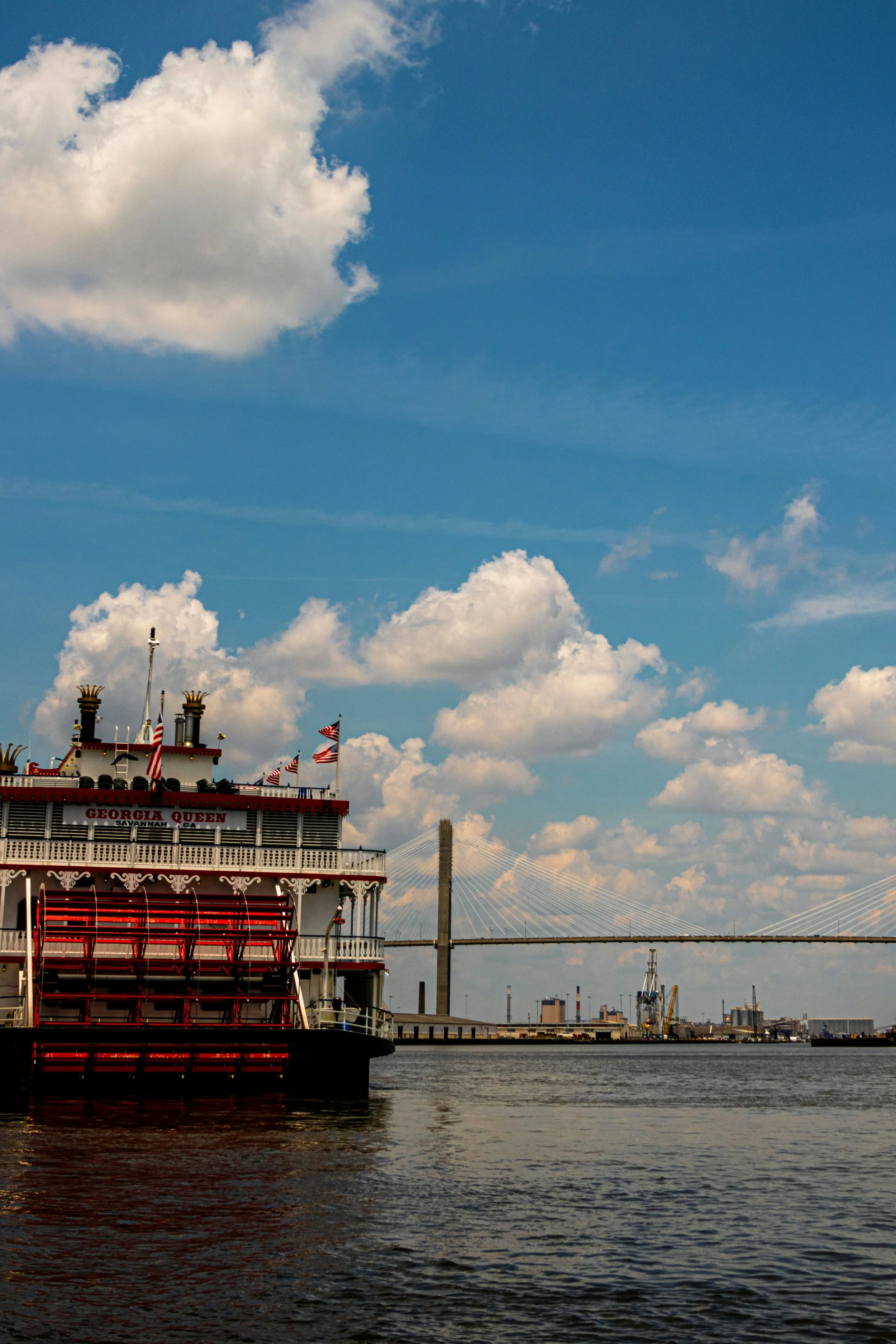 The Georgia Quuen, one of the original and last surviving steamboats, floats on a river in Savannah. Drives & Detours Savannah self-guided tour