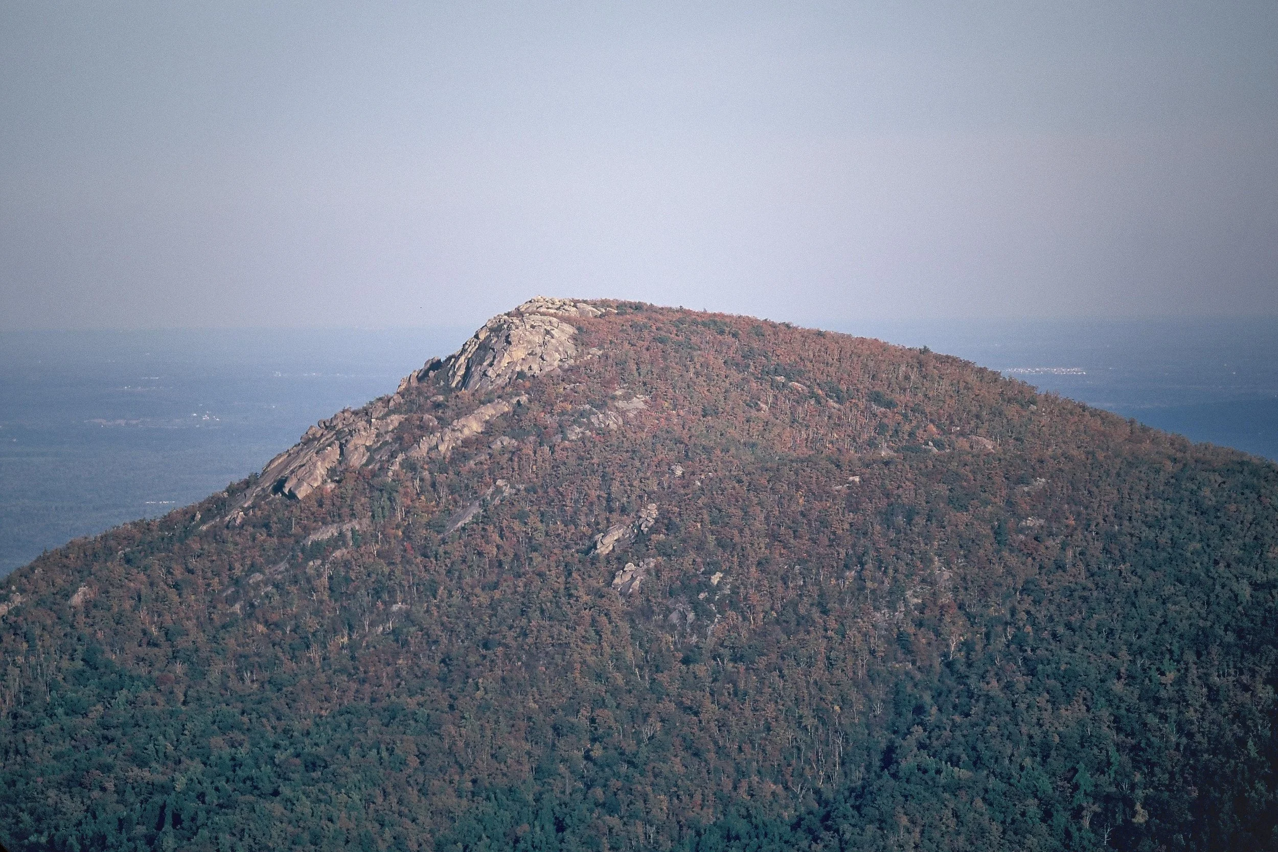 The crags of a rocky mountain — Old Rag in Shenandoah — jut out above the treeline